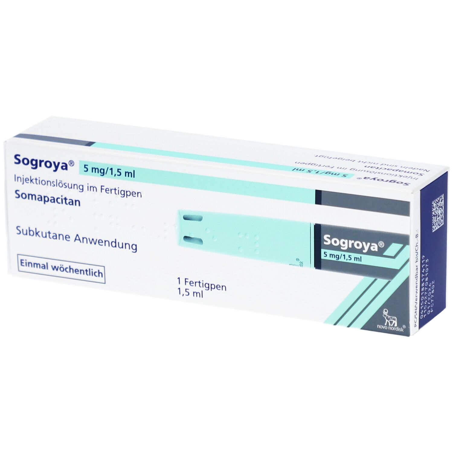 Karton mit SOGROYA 5 mg/1,5 ml Injektionslösung im Fertigpen. Aufschrift: Somapacitan, subkutane Anwendung, einmal wöchentlich.