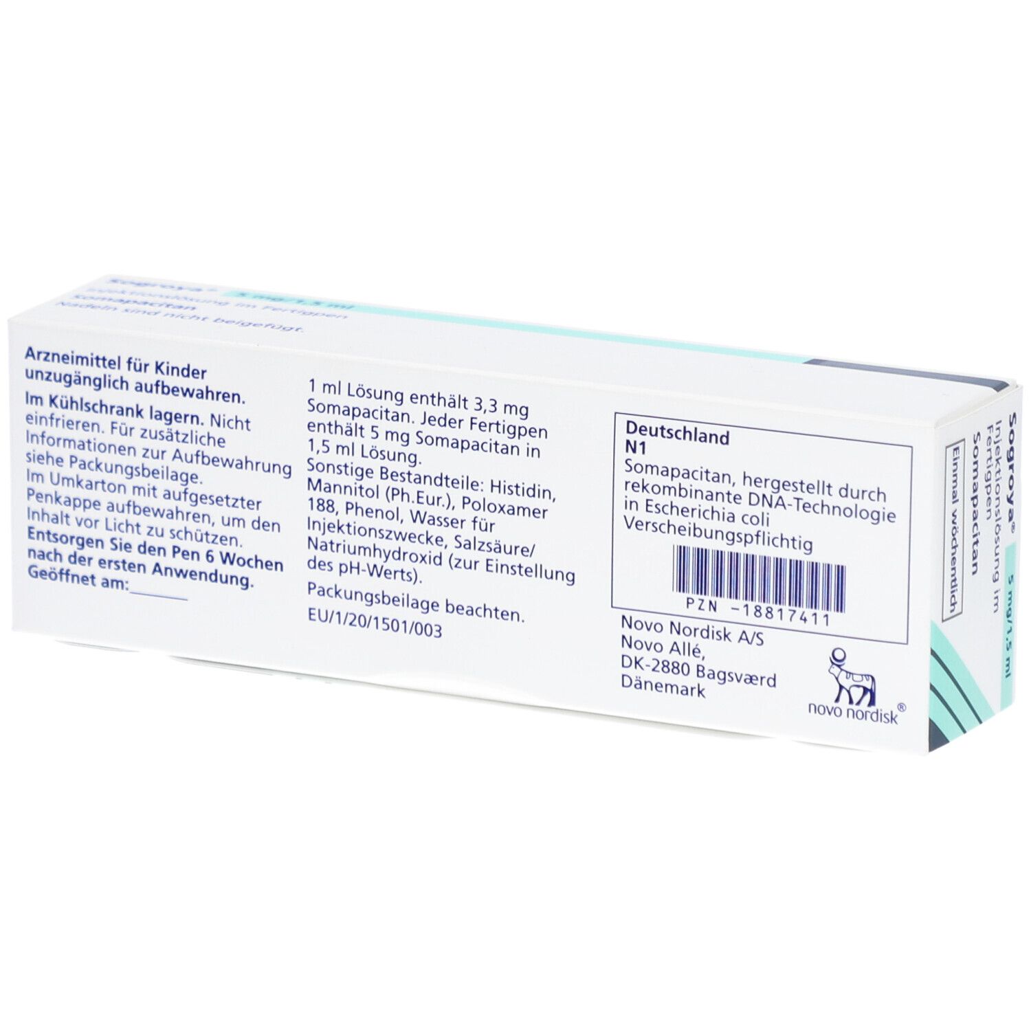 Rückseite des Kartons von SOGROYA 5 mg/1,5 ml. Enthält Informationen zu Inhaltsstoffen, Hersteller und Verfallsdatum.