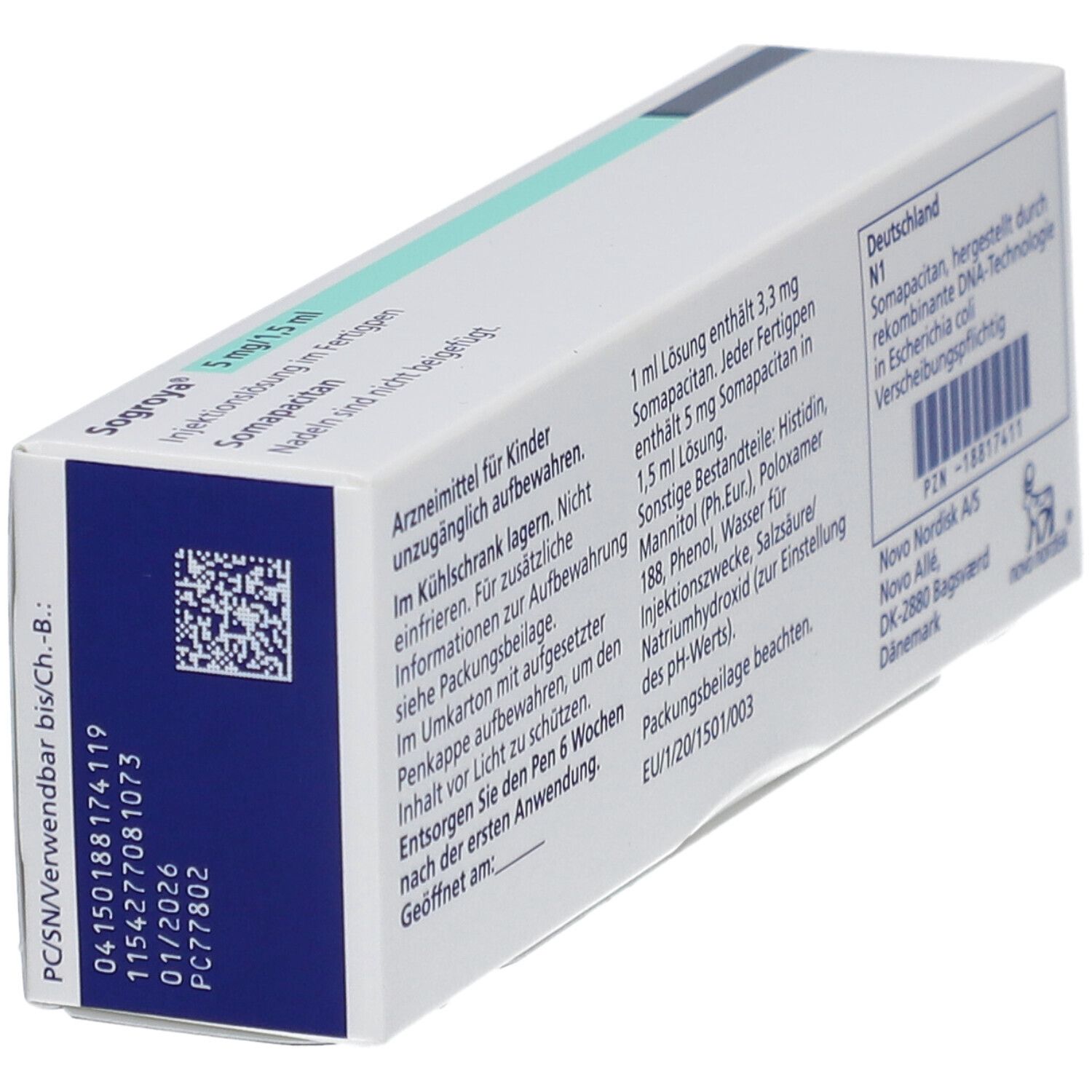 Rückseite des Kartons von SOGROYA 5 mg/1,5 ml. Enthält Informationen zu Inhaltsstoffen, Hersteller und Verfallsdatum.