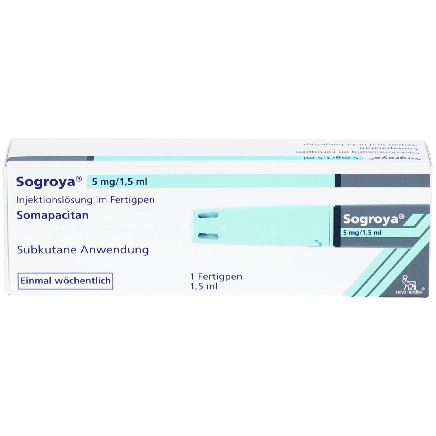 Karton mit SOGROYA 5 mg/1,5 ml Injektionslösung im Fertigpen. Aufschrift: Somapacitan, subkutane Anwendung, einmal wöchentlich.