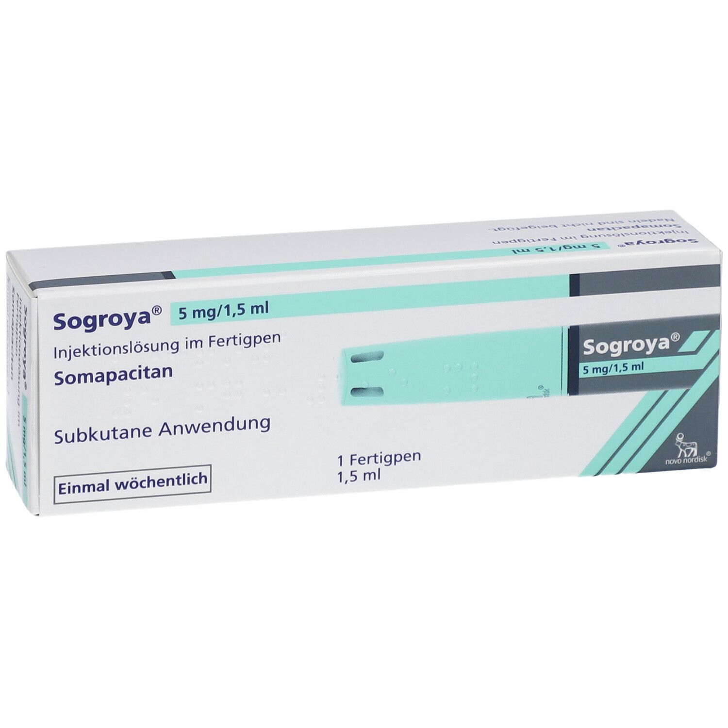 Karton mit SOGROYA 5 mg/1,5 ml Injektionslösung im Fertigpen. Aufschrift: Somapacitan, subkutane Anwendung, einmal wöchentlich.