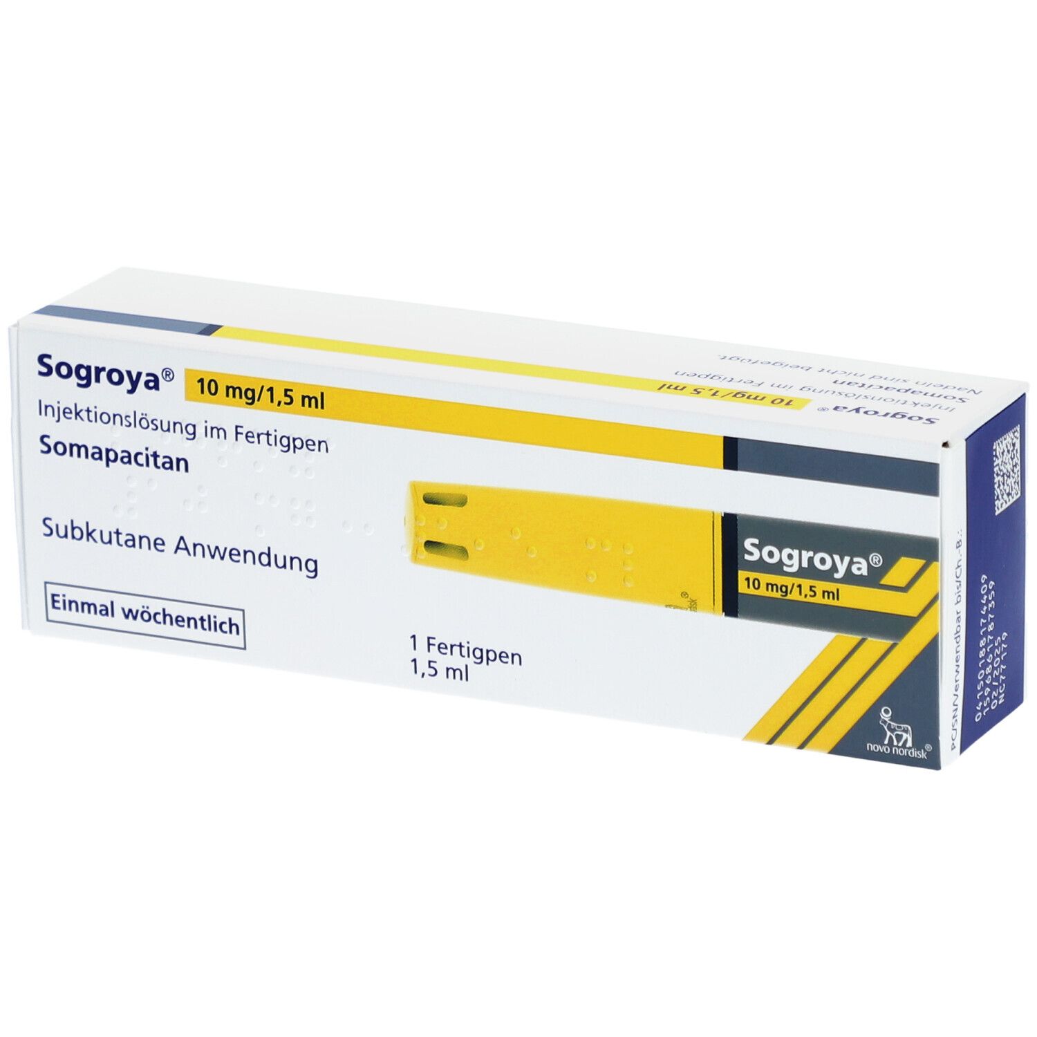 Karton mit Produktnamen und Dosierung. Gelber Streifen mit Fertigpen-Abbildung. Text: Subkutane Anwendung.