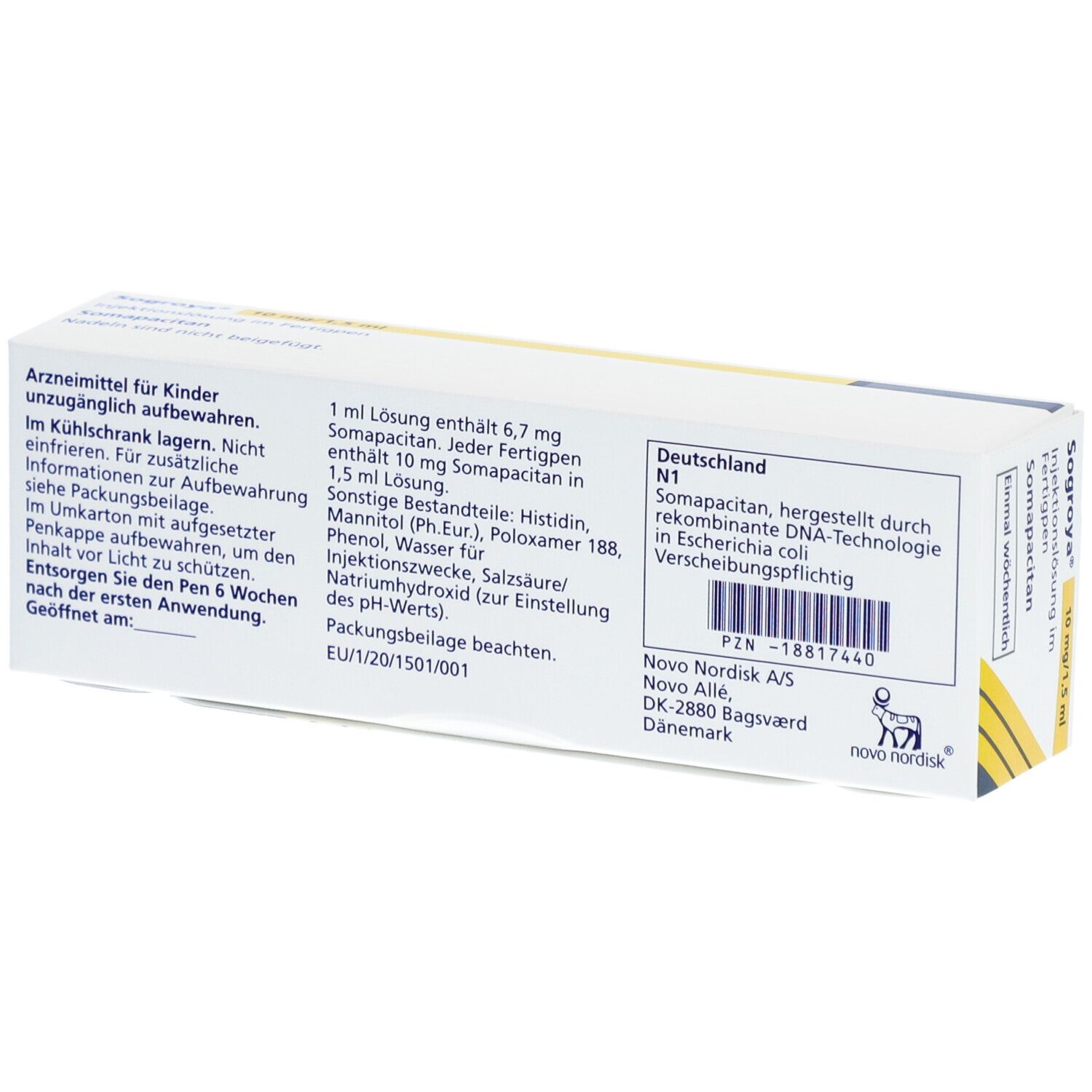 Rückseite der Produktverpackung. Textinformationen zu Inhaltsstoffen und Hersteller. Warnhinweise und PZN-Nummer.