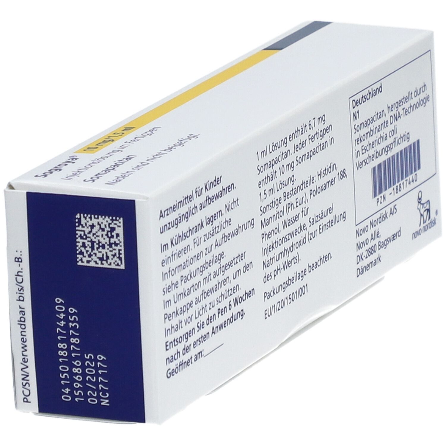 Schräg gestellte Produktverpackung. Rückseite mit Text, QR-Code und Herstellerinformationen. Haltbarkeitsdatum.