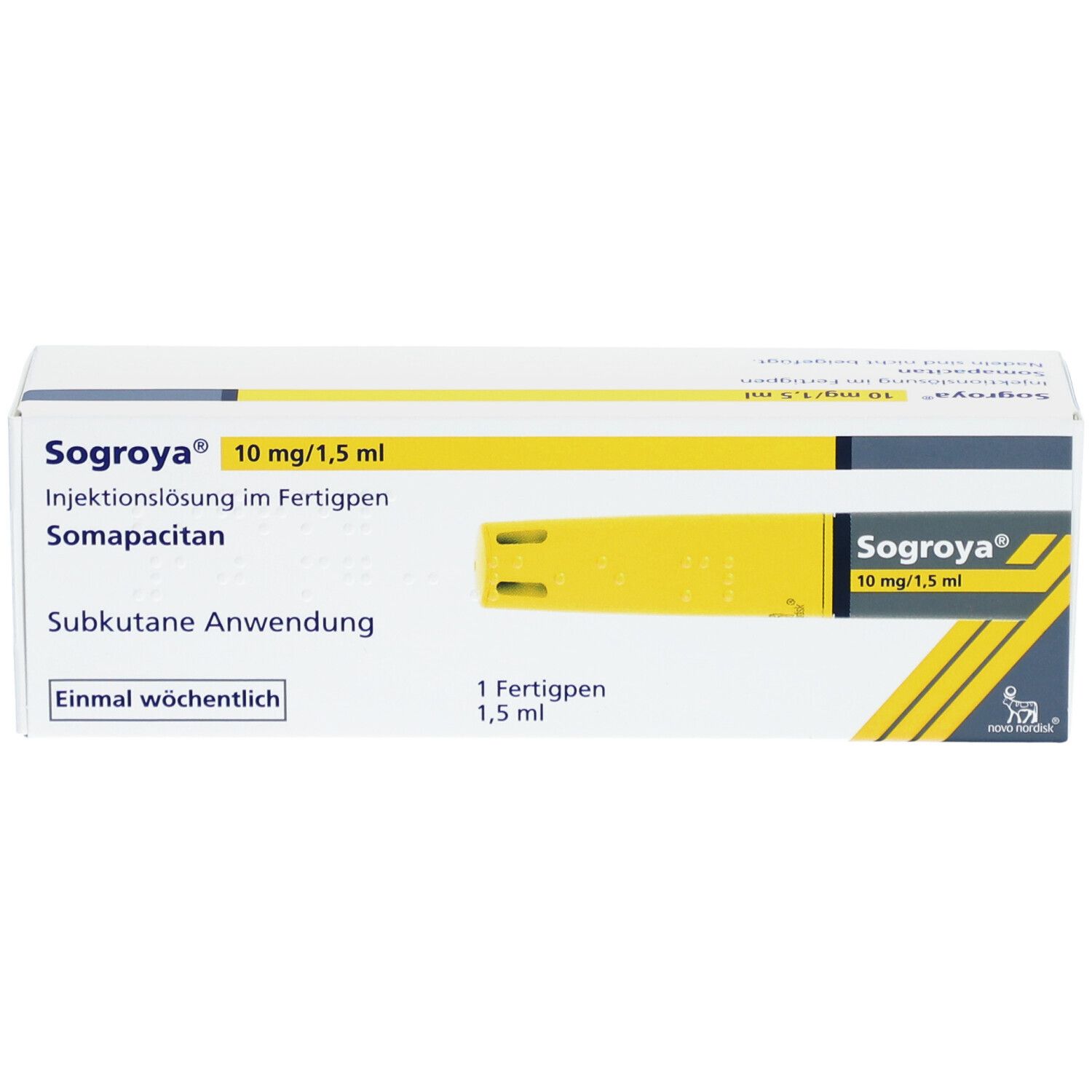 Produktverpackung mit Produktnamen und Dosierung. Gelber Streifen mit Abbildung eines Fertigpens. Text: Subkutane Anwendung.