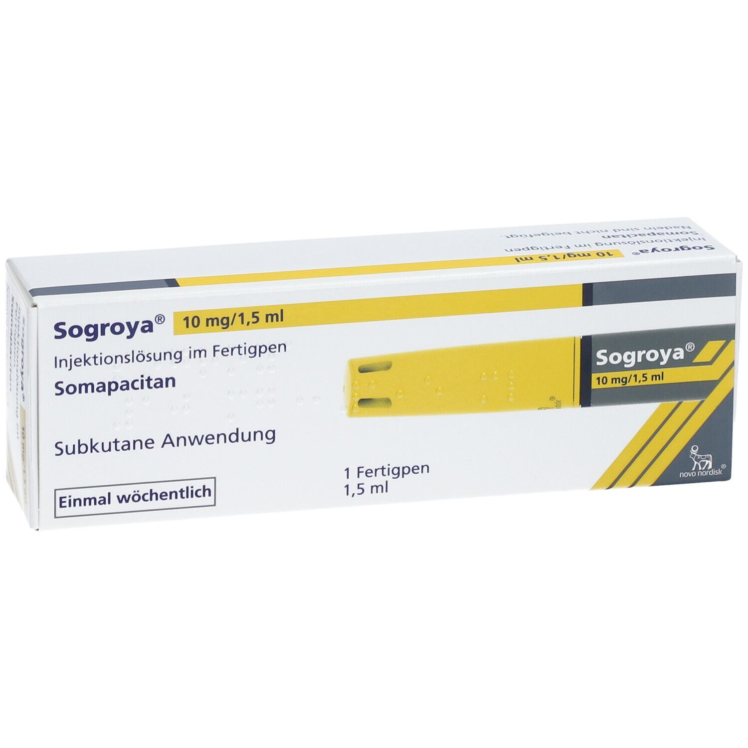 Produktverpackung mit Produktnamen und Dosierung. Gelber Streifen mit Abbildung eines Fertigpens. Text: Subkutane Anwendung.