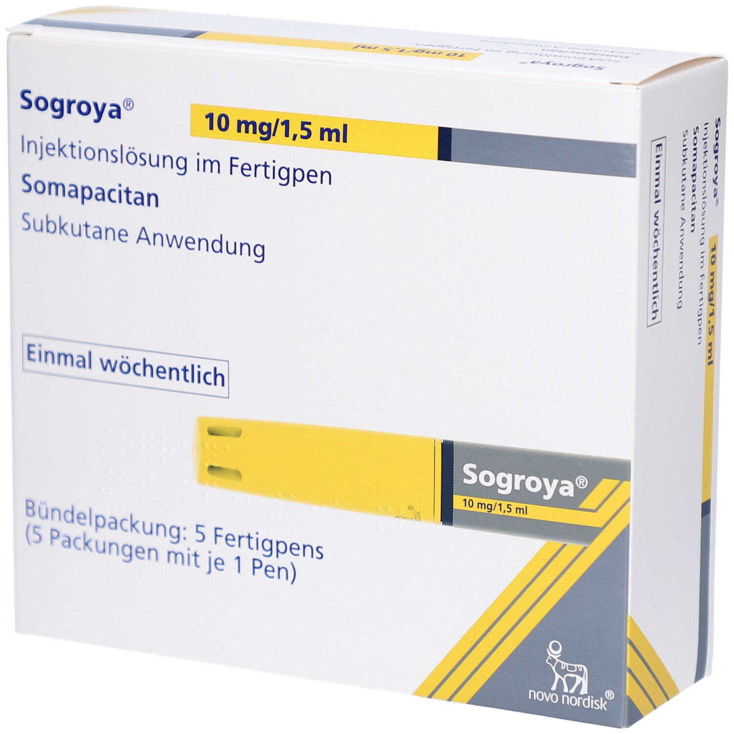 Verpackung von SOGROYA 10 mg/1,5 ml Injektionslösung im Fertigpen. Enthält 5 Fertigpens. Gelb-weiße Schachtel mit Produktinformationen.