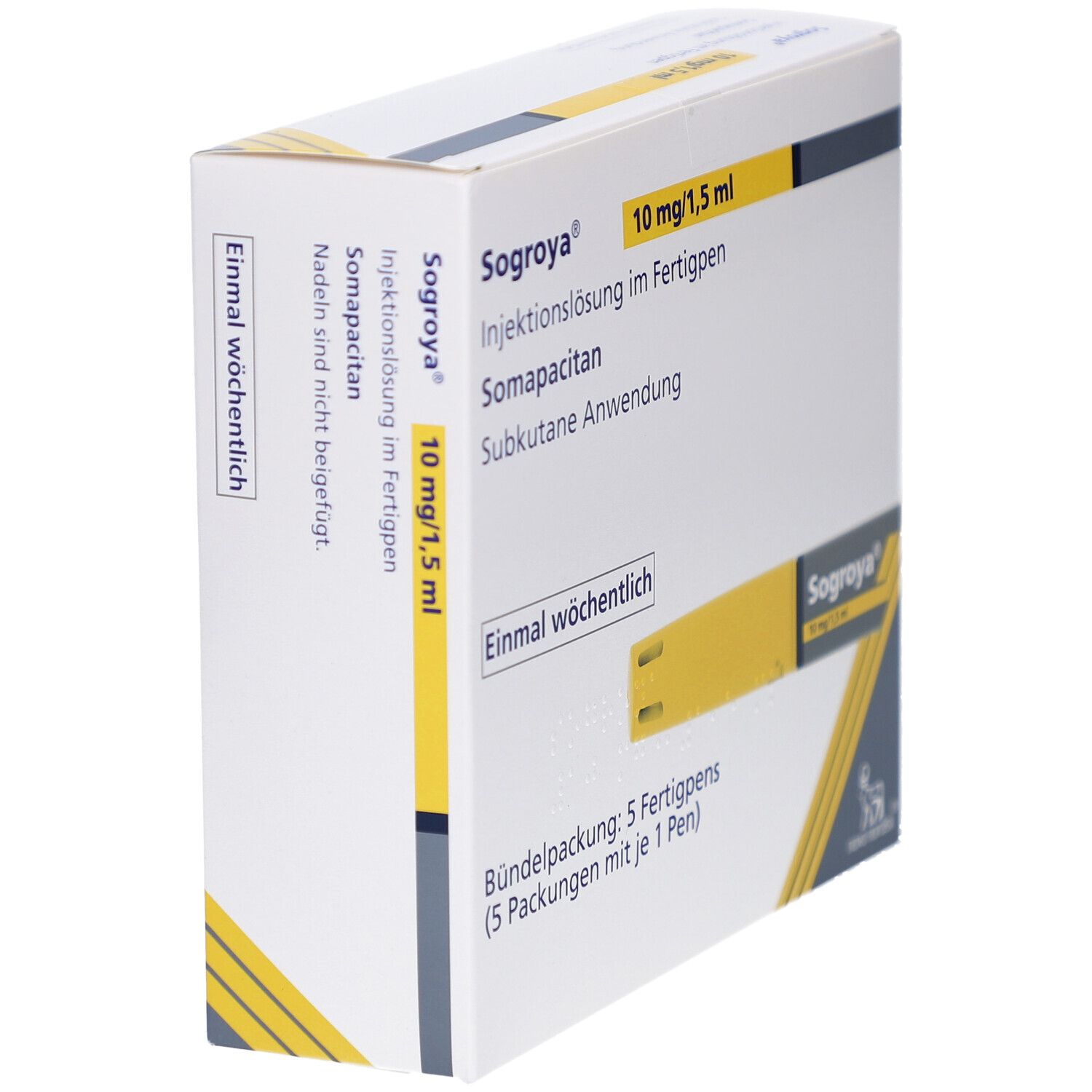 Schachtel SOGROYA 10 mg/1,5 ml. Seitenansicht. Produktname, Dosierung, und weitere Informationen auf weißem Hintergrund.