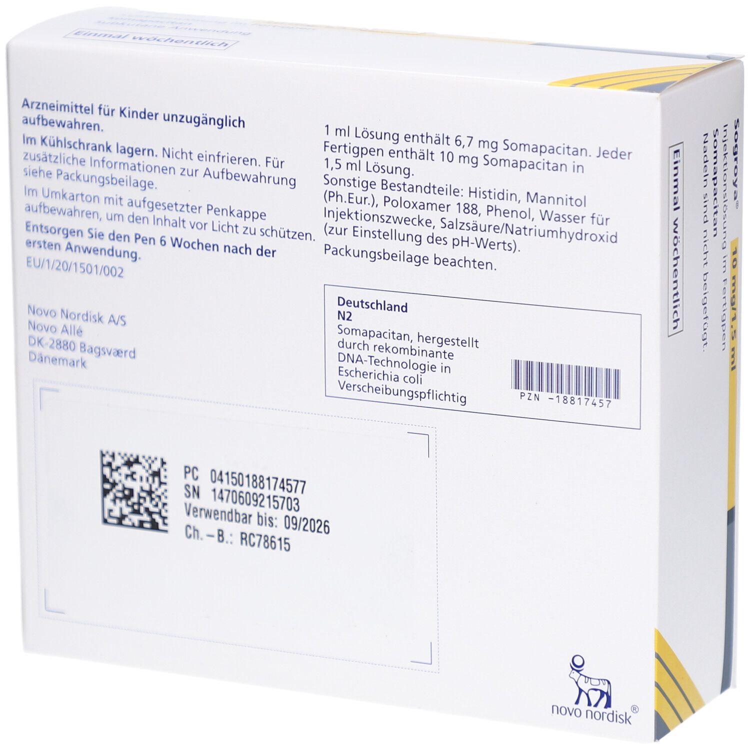 Rückseite der SOGROYA-Verpackung. Enthält Informationen zu Inhaltsstoffen, Lagerung und Herstellerdetails.