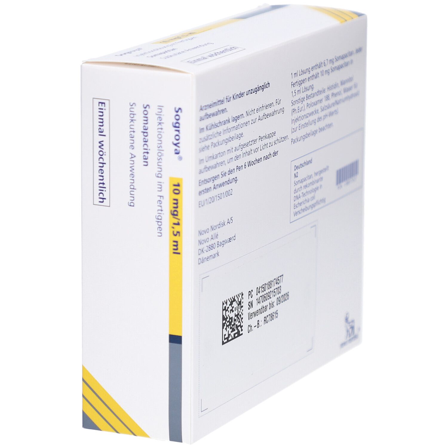 Seitenansicht der SOGROYA-Verpackung. Produktname, Dosierung, und weitere Informationen auf weißem Hintergrund.