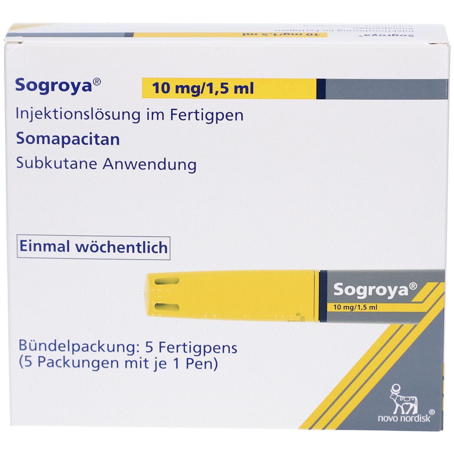SOGROYA 10 mg/1,5 ml Verpackung. Enthält 5 Fertigpens. Gelb-weiße Schachtel mit Produktinformationen.