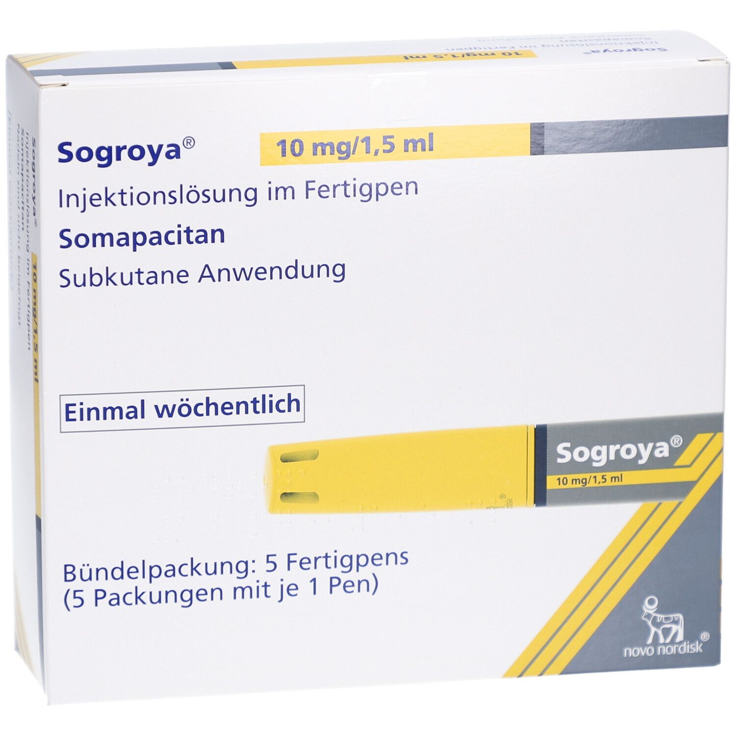 SOGROYA 10 mg/1,5 ml Verpackung. Enthält 5 Fertigpens. Gelb-weiße Schachtel mit Produktinformationen.