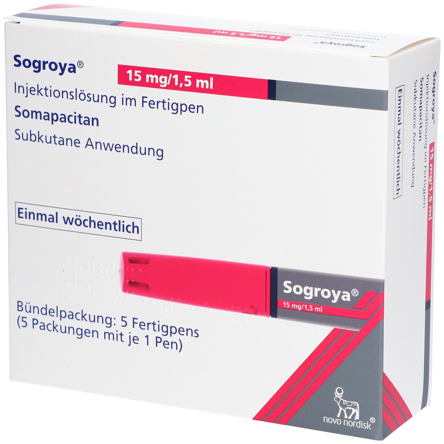 Sogroya-Packung mit Fertigpen. 15 mg/1,5 ml. Rote und weiße Verpackung. Novo Nordisk Logo.