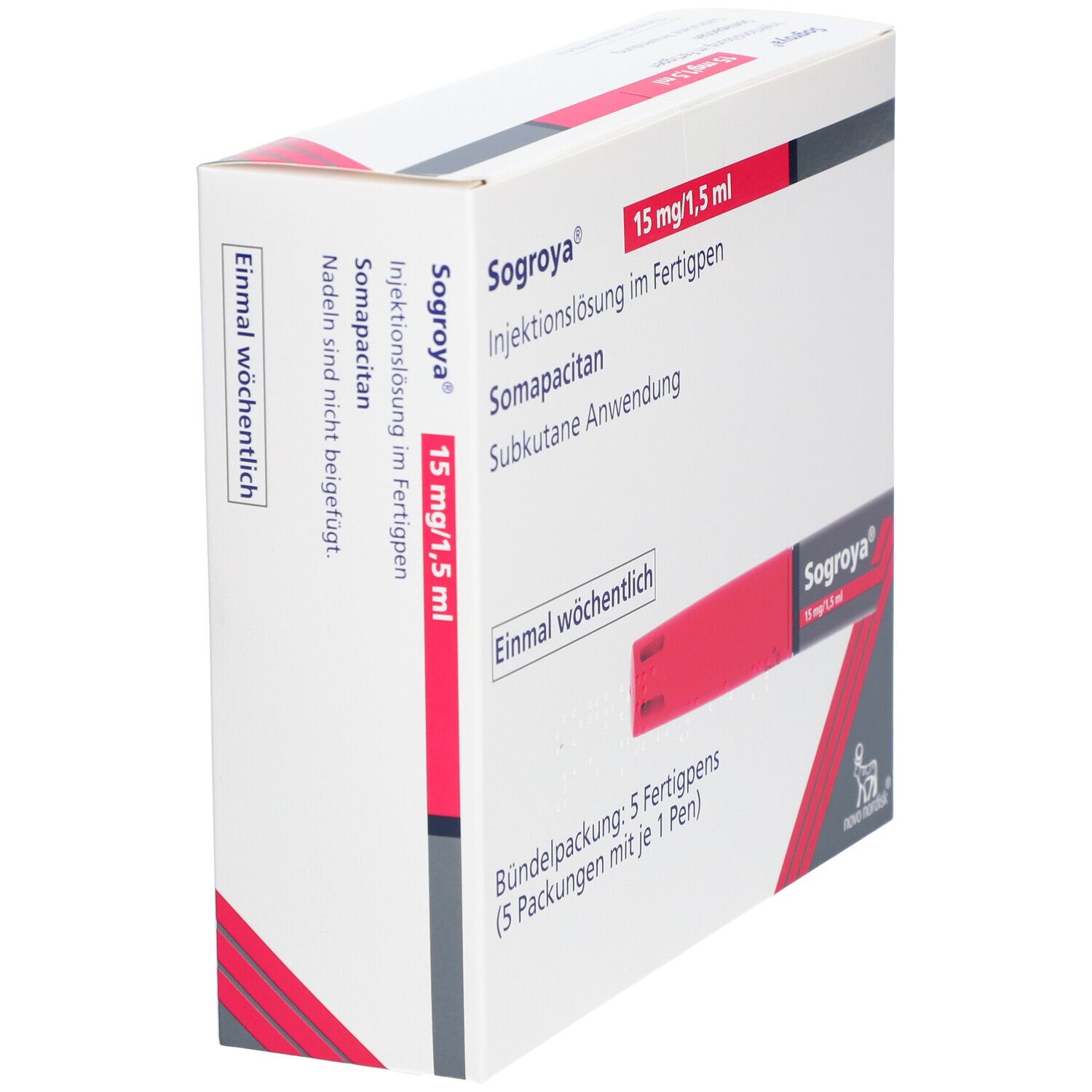 Sogroya-Packung, schräg. 15 mg/1,5 ml. Weiße Verpackung mit roter Akzentfarbe. Novo Nordisk Logo.