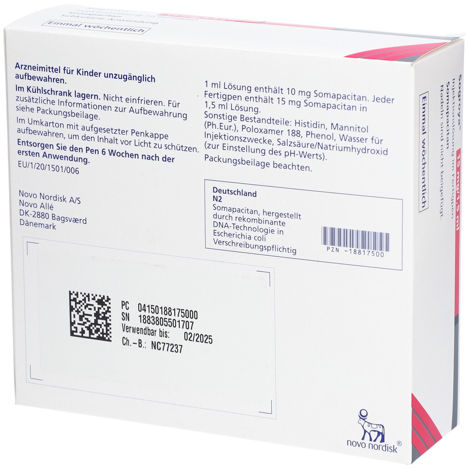 Rückseite der Sogroya-Packung. Textinformationen, QR-Code, Chargennummer. Novo Nordisk Logo.