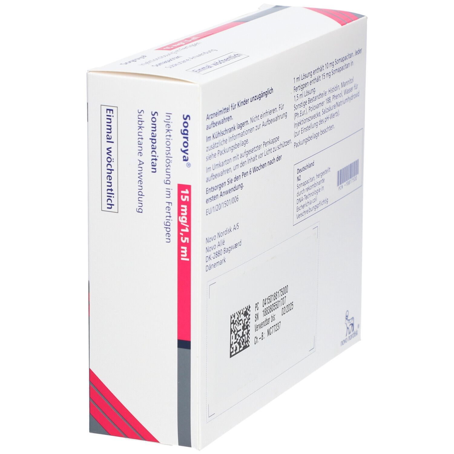 Sogroya-Packung, schräg. Text und QR-Code auf der Rückseite. Novo Nordisk Logo.