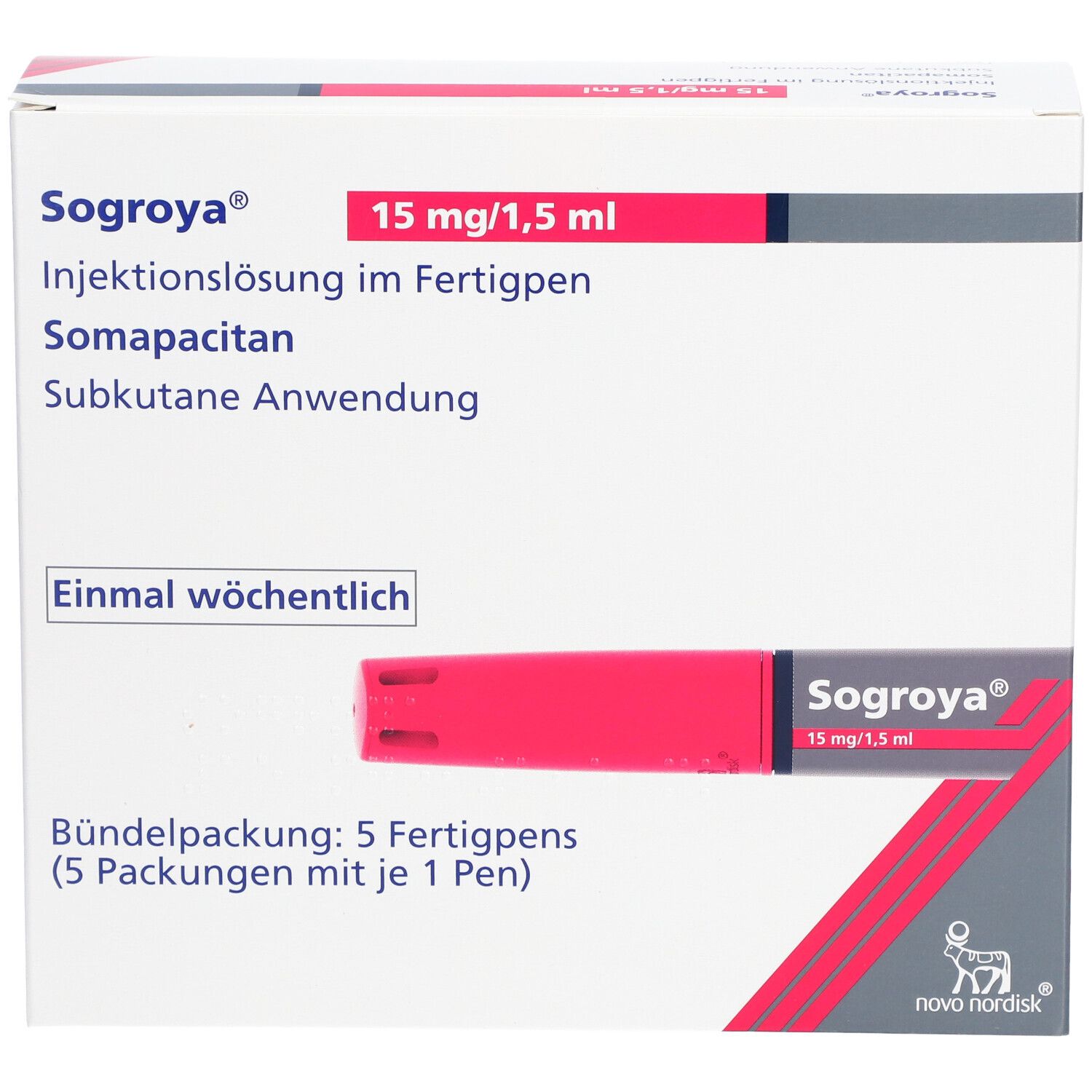 Sogroya-Packung mit Fertigpen. 15 mg/1,5 ml. Rote und weiße Verpackung. Novo Nordisk Logo.