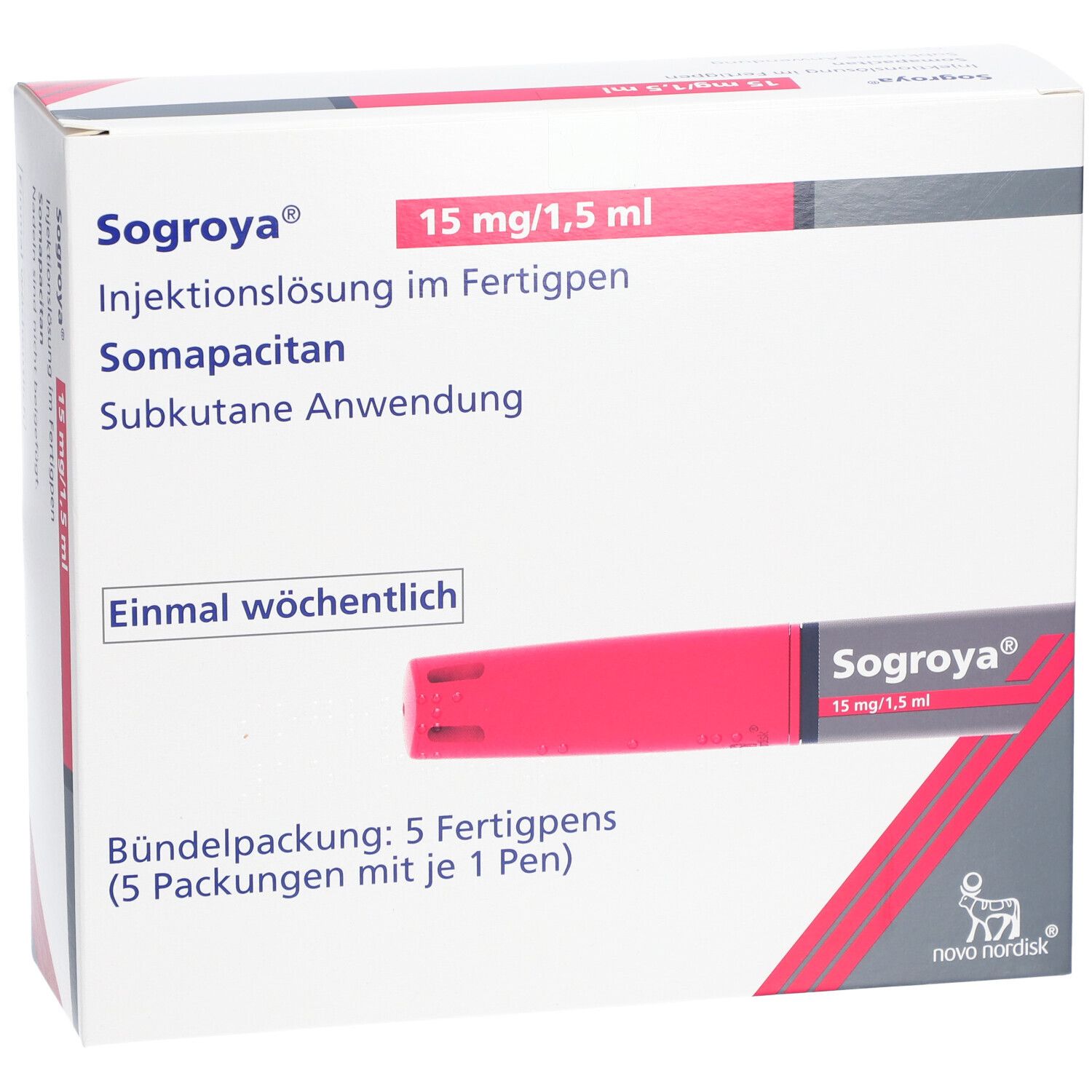Sogroya-Packung mit Fertigpen. 15 mg/1,5 ml. Rote und weiße Verpackung. Novo Nordisk Logo.