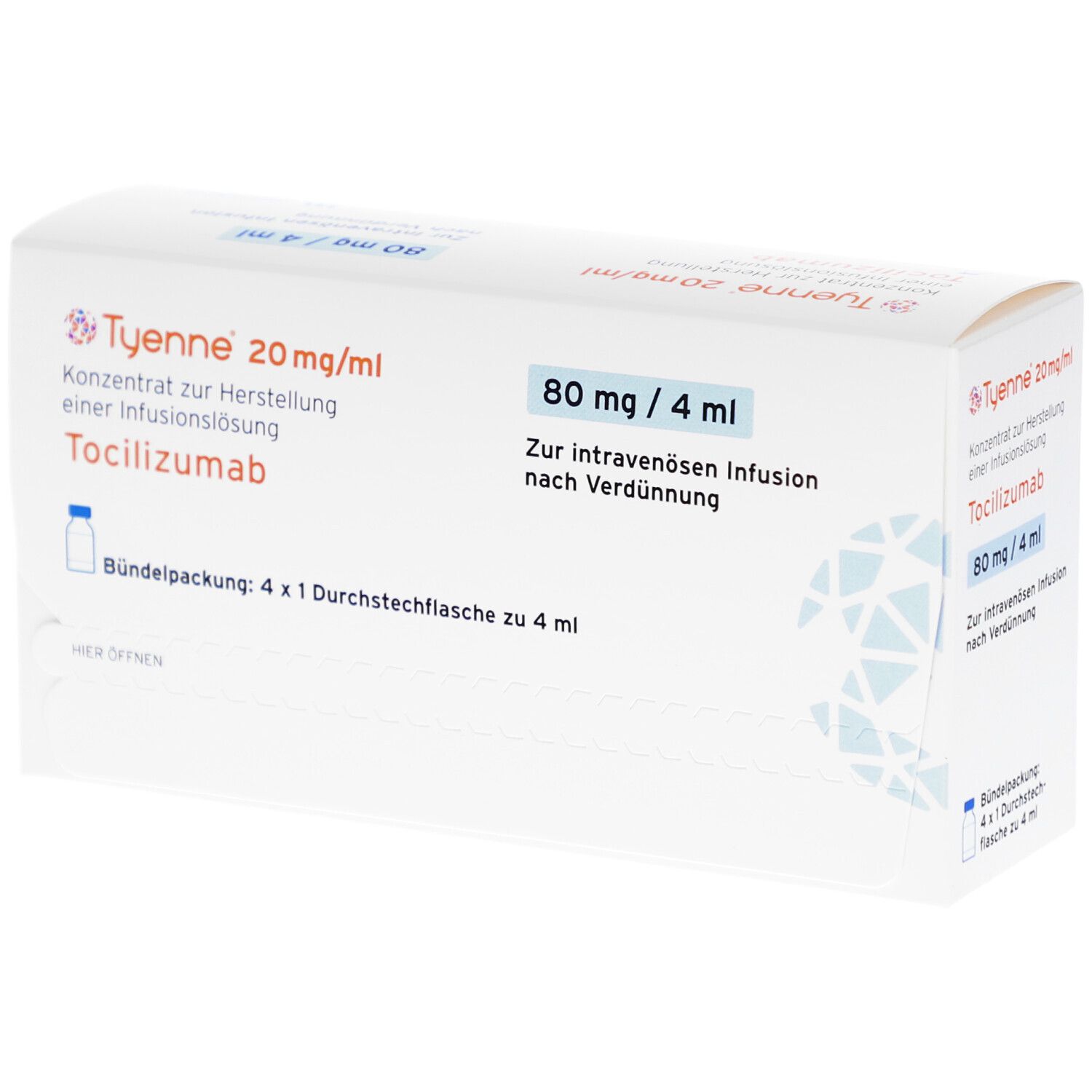 Weiße Faltschachtel mit Produktinformationen. Aufschrift: TYENNE 20 mg/ml, 80 mg/4 ml. Enthält Tocilizumab. Bündelpackung mit 4 Durchstechflaschen.