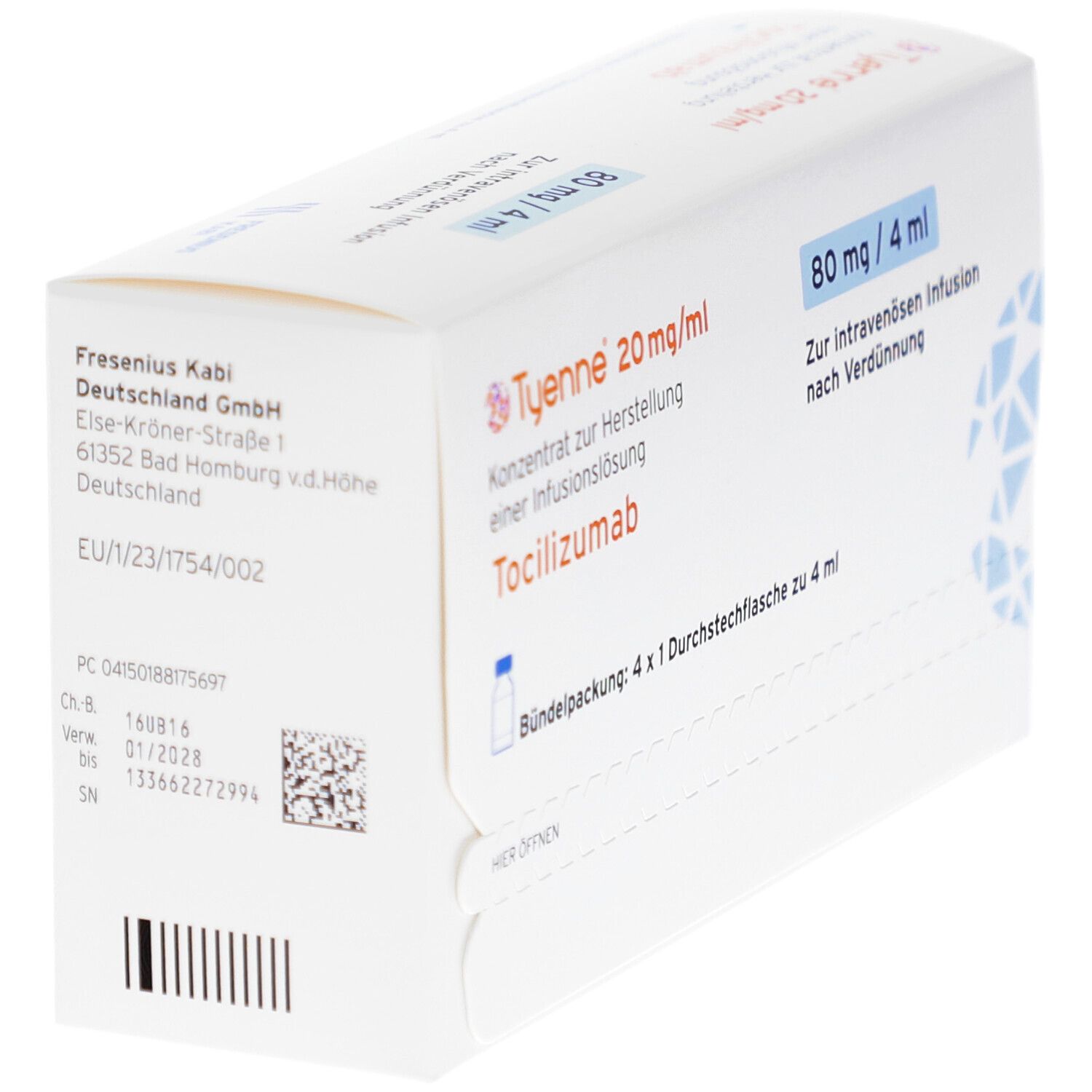 Weiße Faltschachtel mit Produktinformationen. Aufschrift: TYENNE 20 mg/ml, 80 mg/4 ml. Hersteller: Fresenius Kabi. Barcode und Chargennummer.