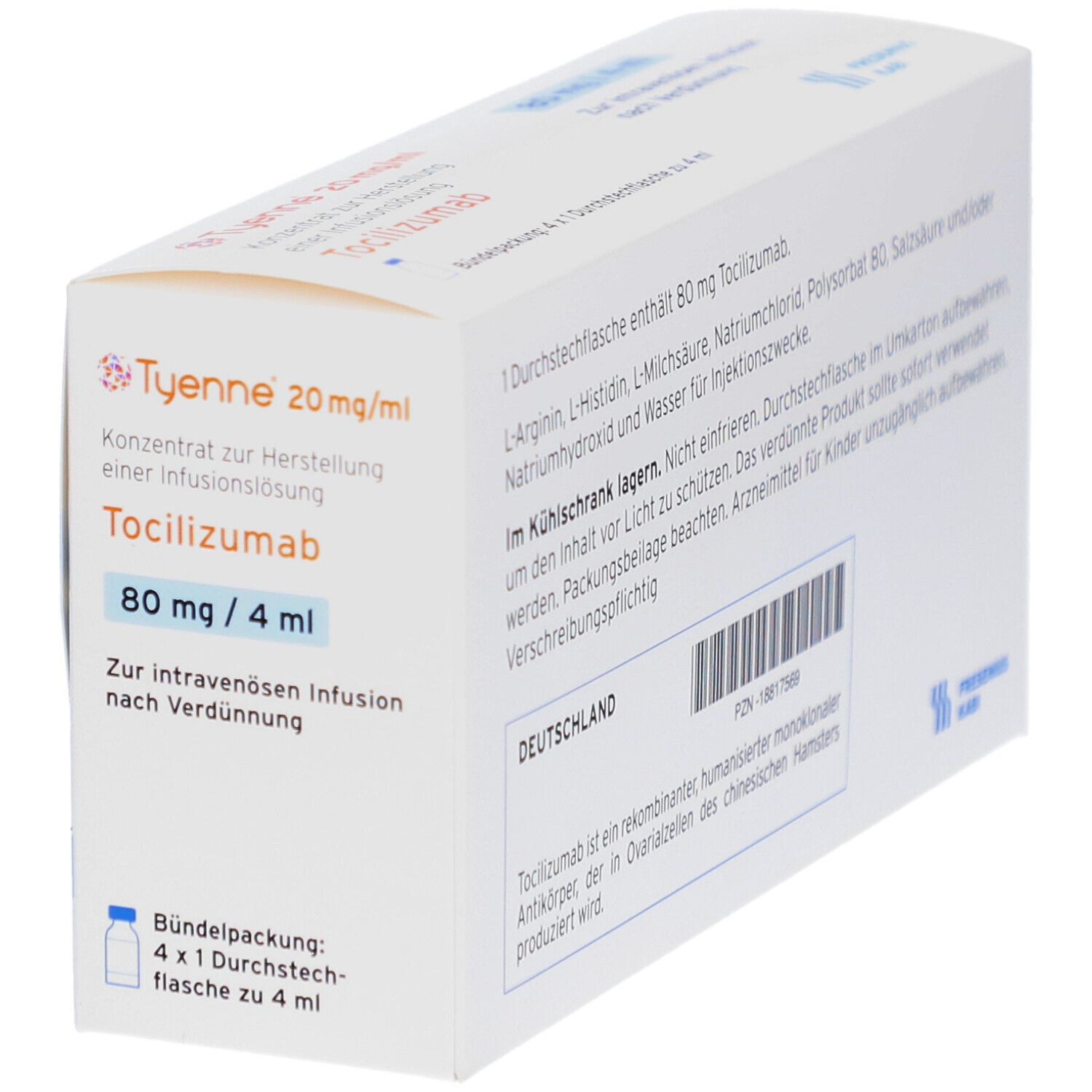 Weiße Faltschachtel mit Produktinformationen. Aufschrift: TYENNE 20 mg/ml, 80 mg/4 ml. Enthält Tocilizumab. Hersteller: Fresenius Kabi.