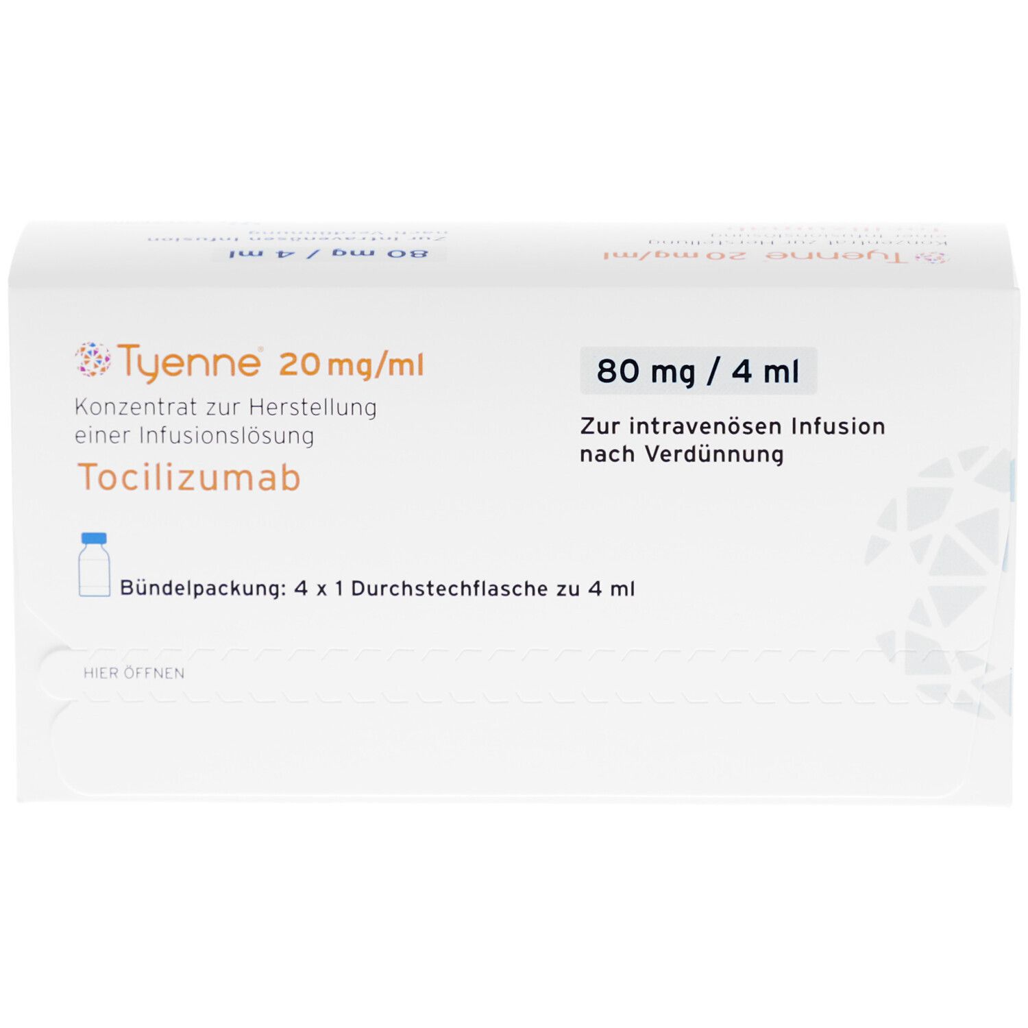 Weiße Faltschachtel mit Produktinformationen. Aufschrift: TYENNE 20 mg/ml, 80 mg/4 ml. Enthält Tocilizumab. Bündelpackung mit 4 Durchstechflaschen.