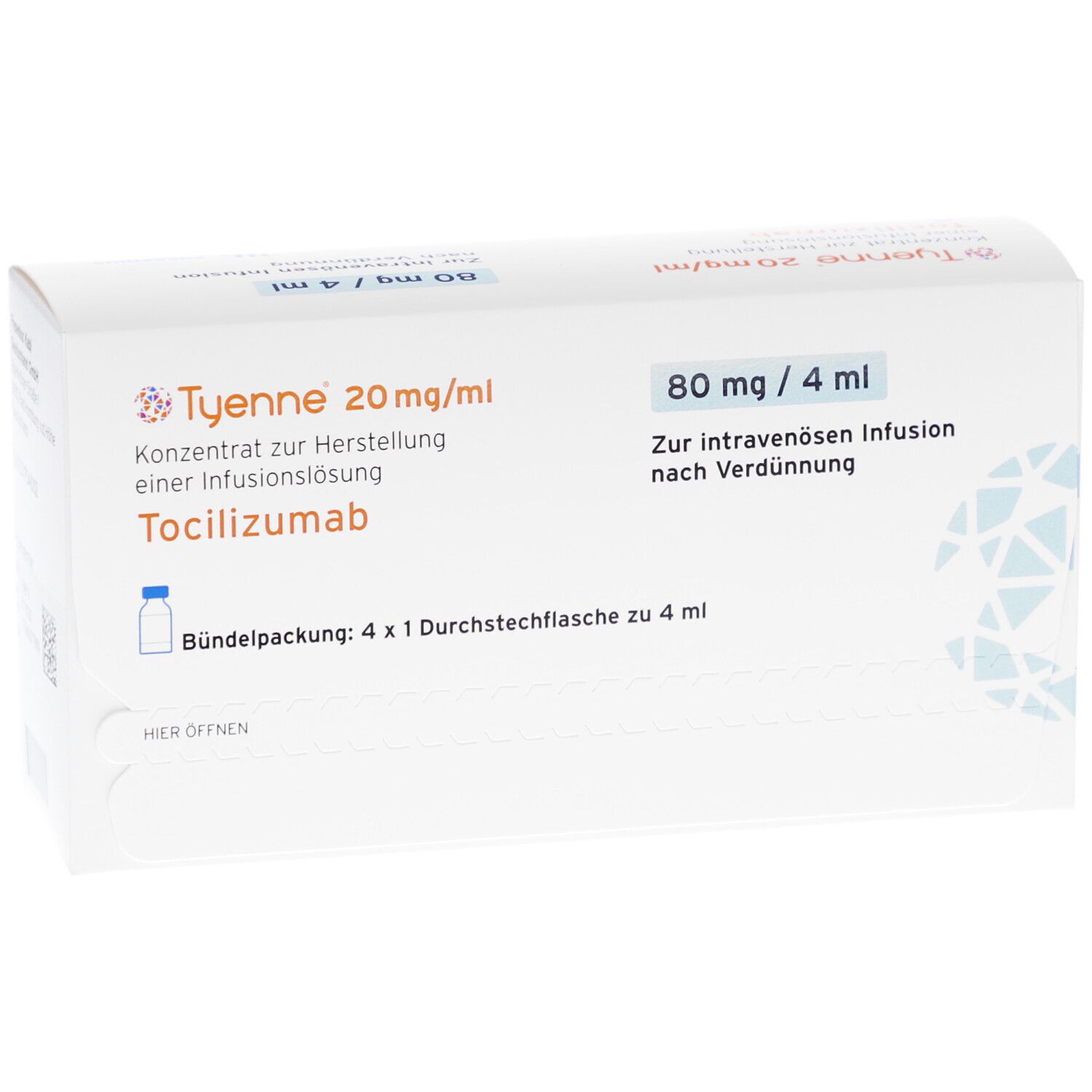 Weiße Faltschachtel mit Produktinformationen. Aufschrift: TYENNE 20 mg/ml, 80 mg/4 ml. Enthält Tocilizumab. Bündelpackung mit 4 Durchstechflaschen.