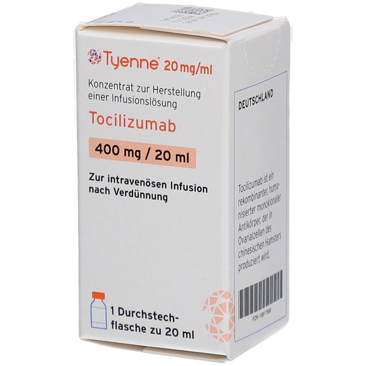 Karton mit Produktinformationen. Aufschrift: Tyenne 20 mg/ml, Tocilizumab, 400 mg / 20 ml. 1 Durchstechflasche.