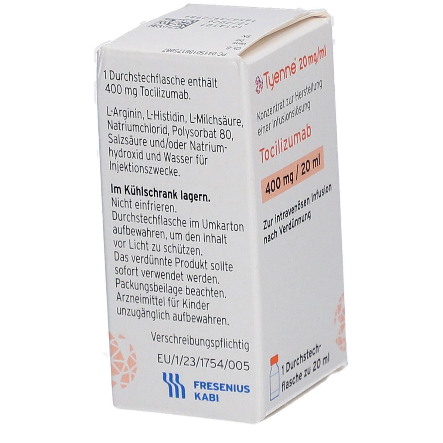 Karton mit Produktinformationen. Aufschrift: Tyenne 20 mg/ml, Tocilizumab, 400 mg / 20 ml. Inhaltsstoffe und Lagerhinweise.