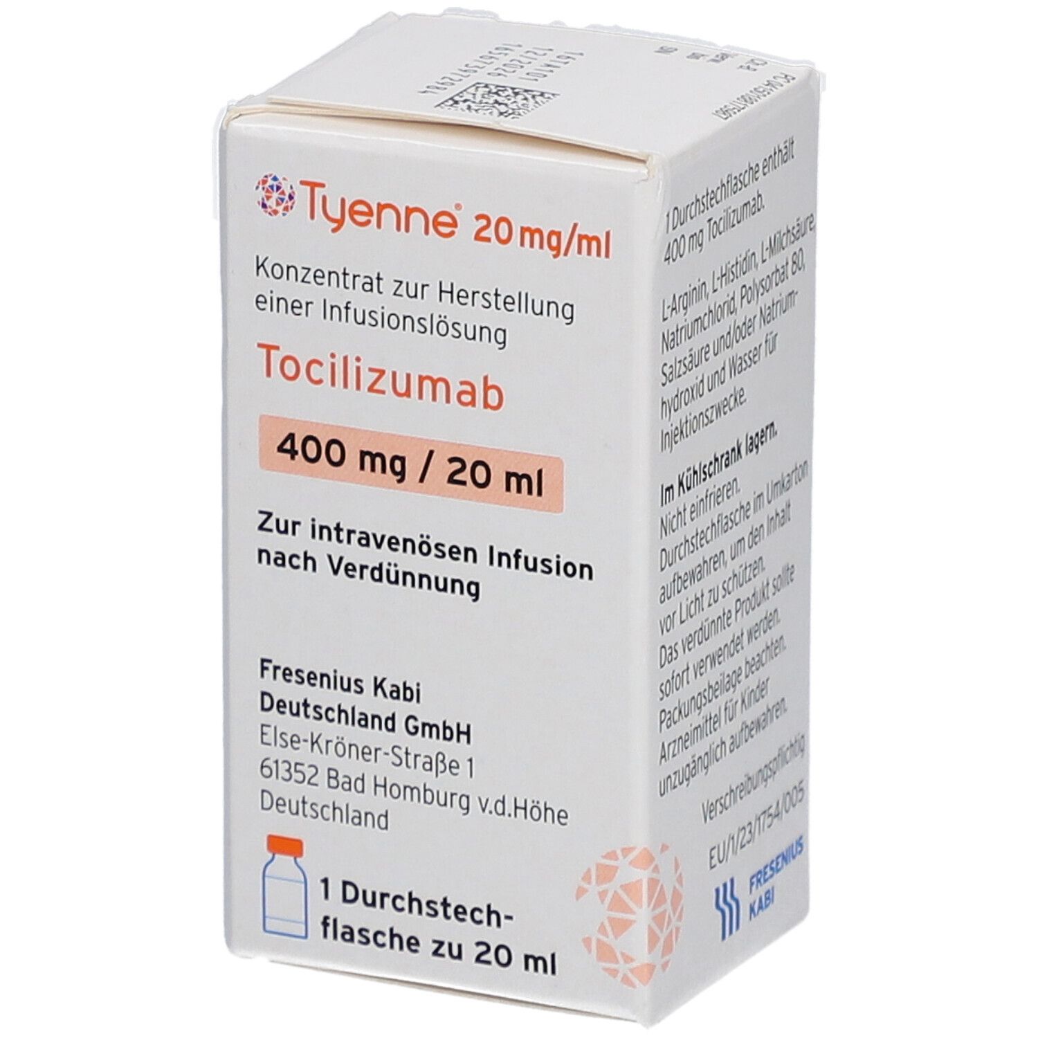 Karton mit Produktinformationen. Aufschrift: Tyenne 20 mg/ml, Tocilizumab, 400 mg / 20 ml. Herstelleradresse.