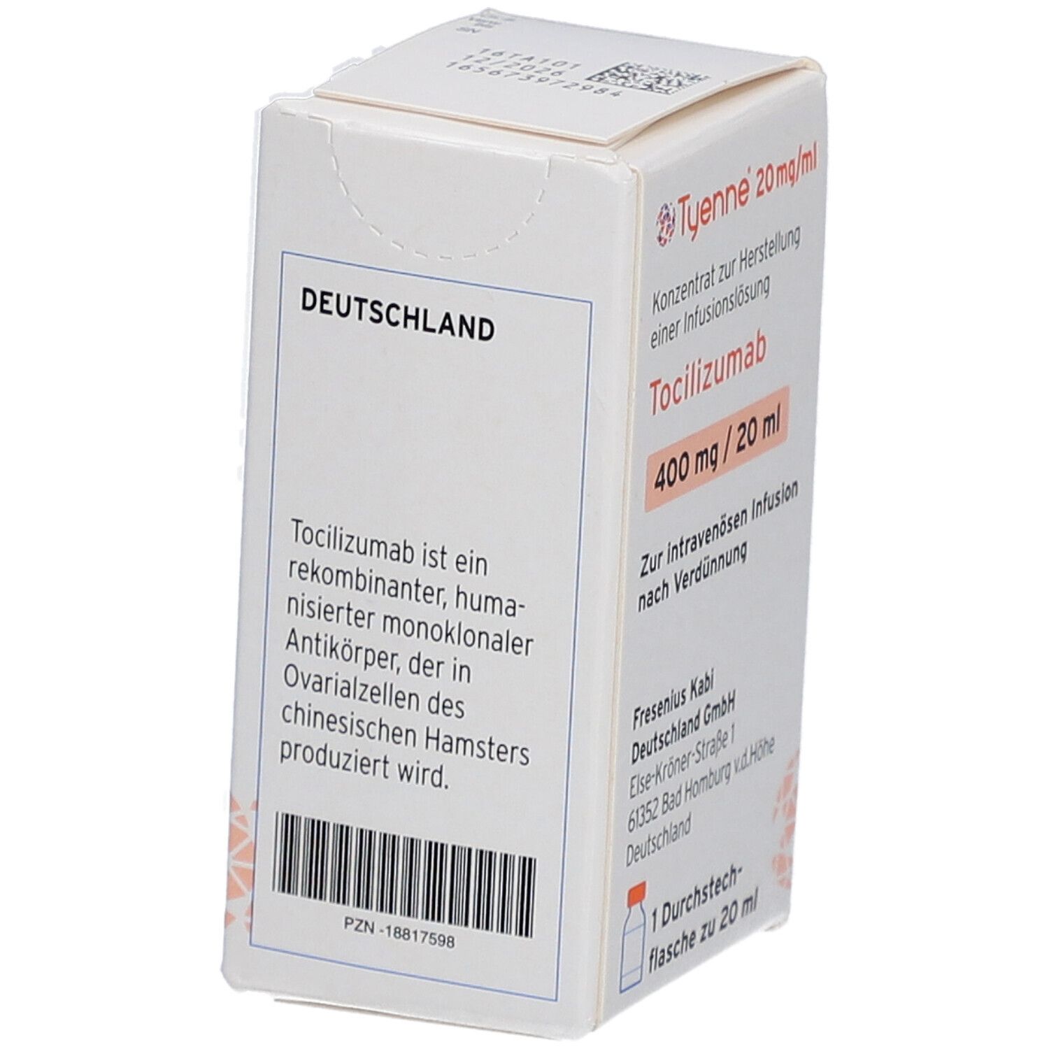 Karton mit Produktinformationen. Aufschrift: Tyenne 20 mg/ml, Tocilizumab, 400 mg / 20 ml. Text über Tocilizumab.