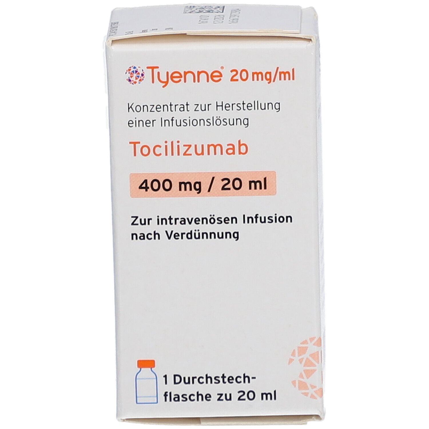 Karton mit Produktinformationen. Aufschrift: Tyenne 20 mg/ml, Tocilizumab, 400 mg / 20 ml. 1 Durchstechflasche.