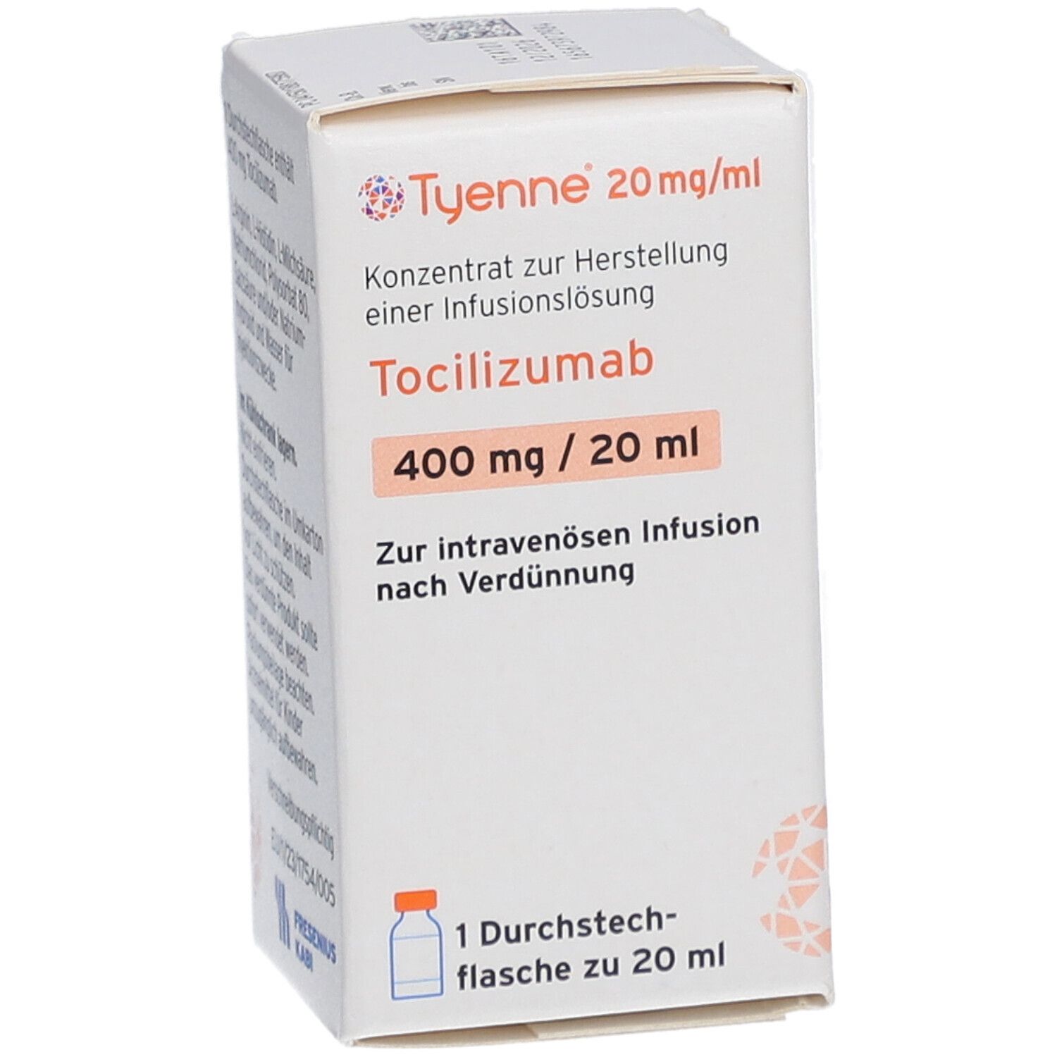 Karton mit Produktinformationen. Aufschrift: Tyenne 20 mg/ml, Tocilizumab, 400 mg / 20 ml. 1 Durchstechflasche.