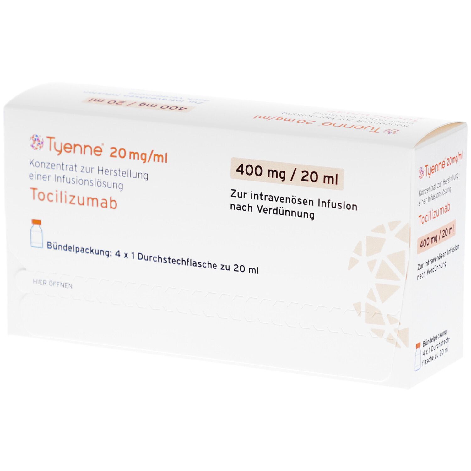 Karton TYENNE 20 mg/ml, 400 mg/20 ml. Konzentrat zur Herstellung einer Infusionslösung. Bündelpackung mit 4 Durchstechflaschen.
