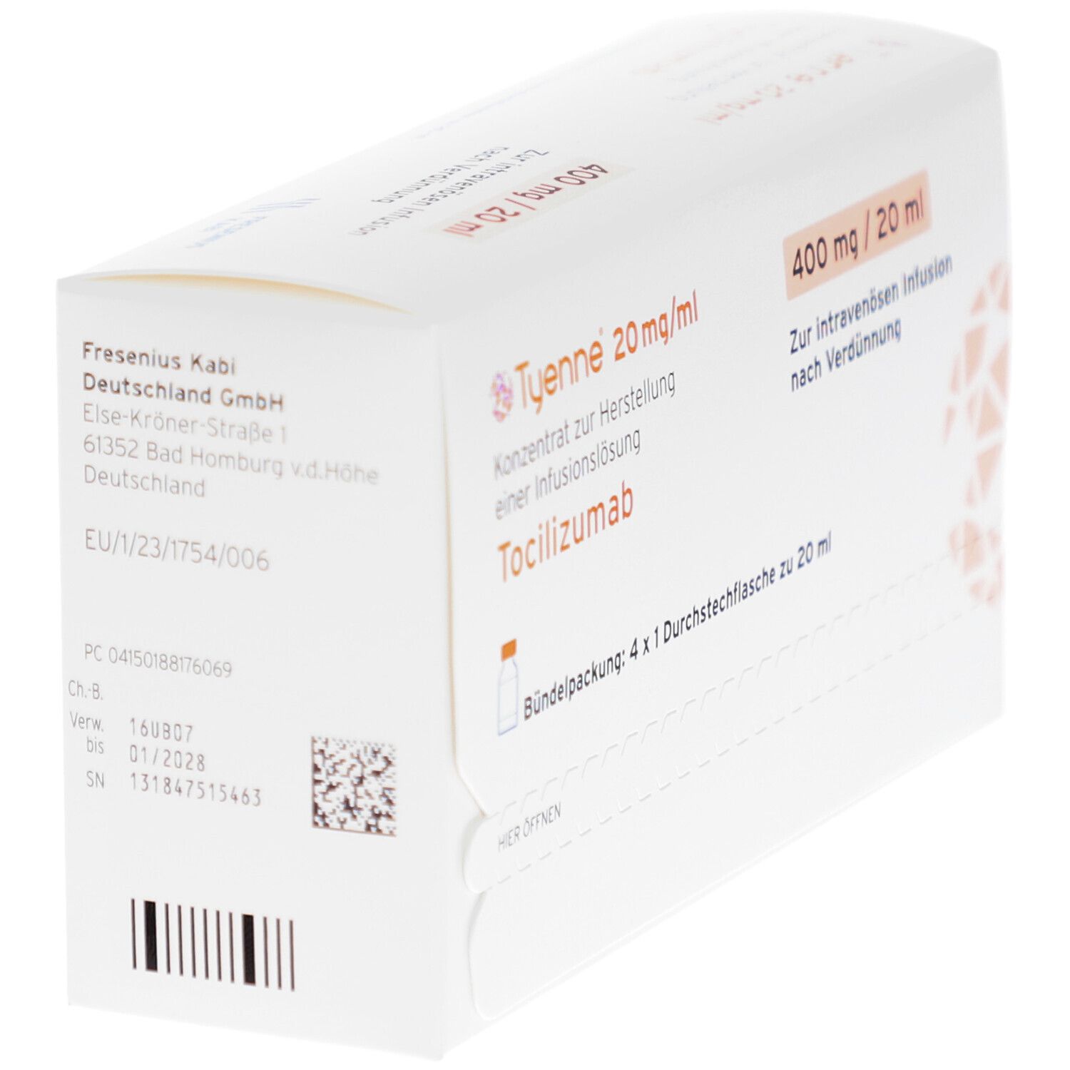 Karton TYENNE 20 mg/ml. Hersteller Fresenius Kabi. Angaben zu Chargennummer, Verfallsdatum und Barcode.