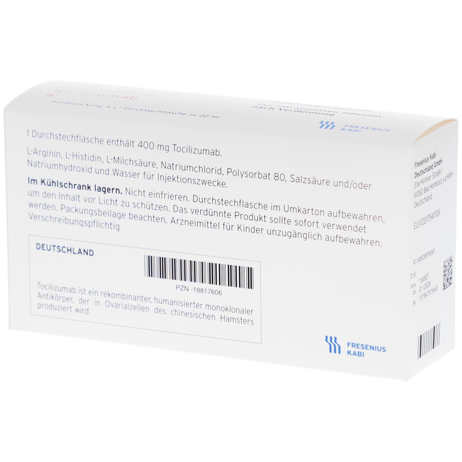 Rückseite der Kartonverpackung. Enthält 400 mg Tocilizumab. Angaben zu Inhaltsstoffen und Lagerungshinweisen.