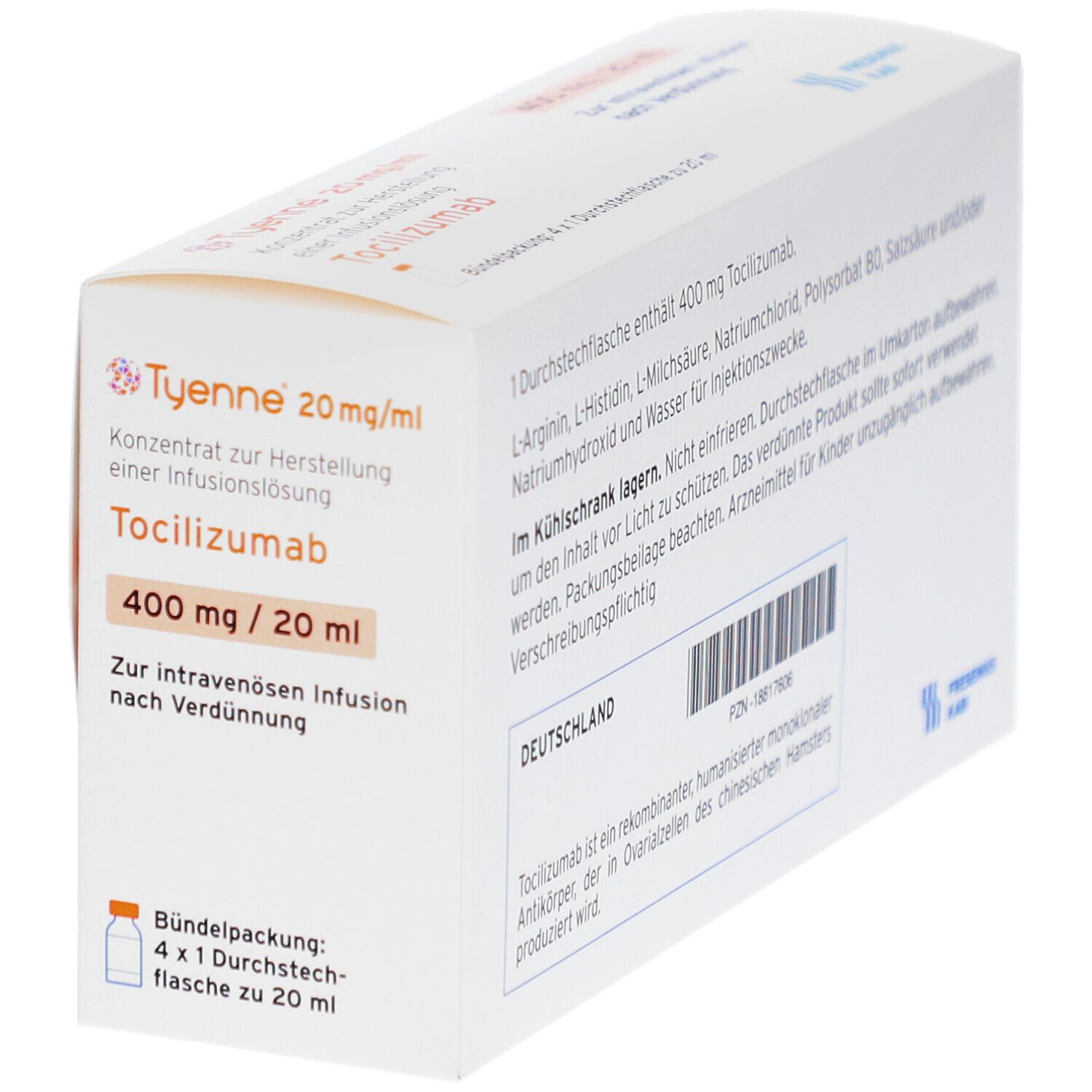 Karton TYENNE 20 mg/ml, 400 mg/20 ml. Konzentrat zur Herstellung einer Infusionslösung. Bündelpackung mit 4 Durchstechflaschen.
