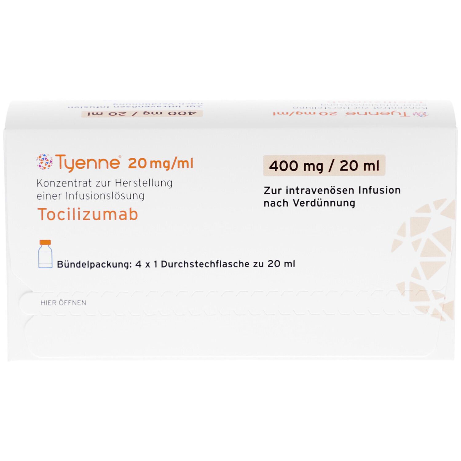 Karton TYENNE 20 mg/ml, 400 mg/20 ml. Konzentrat zur Herstellung einer Infusionslösung. Bündelpackung mit 4 Durchstechflaschen.