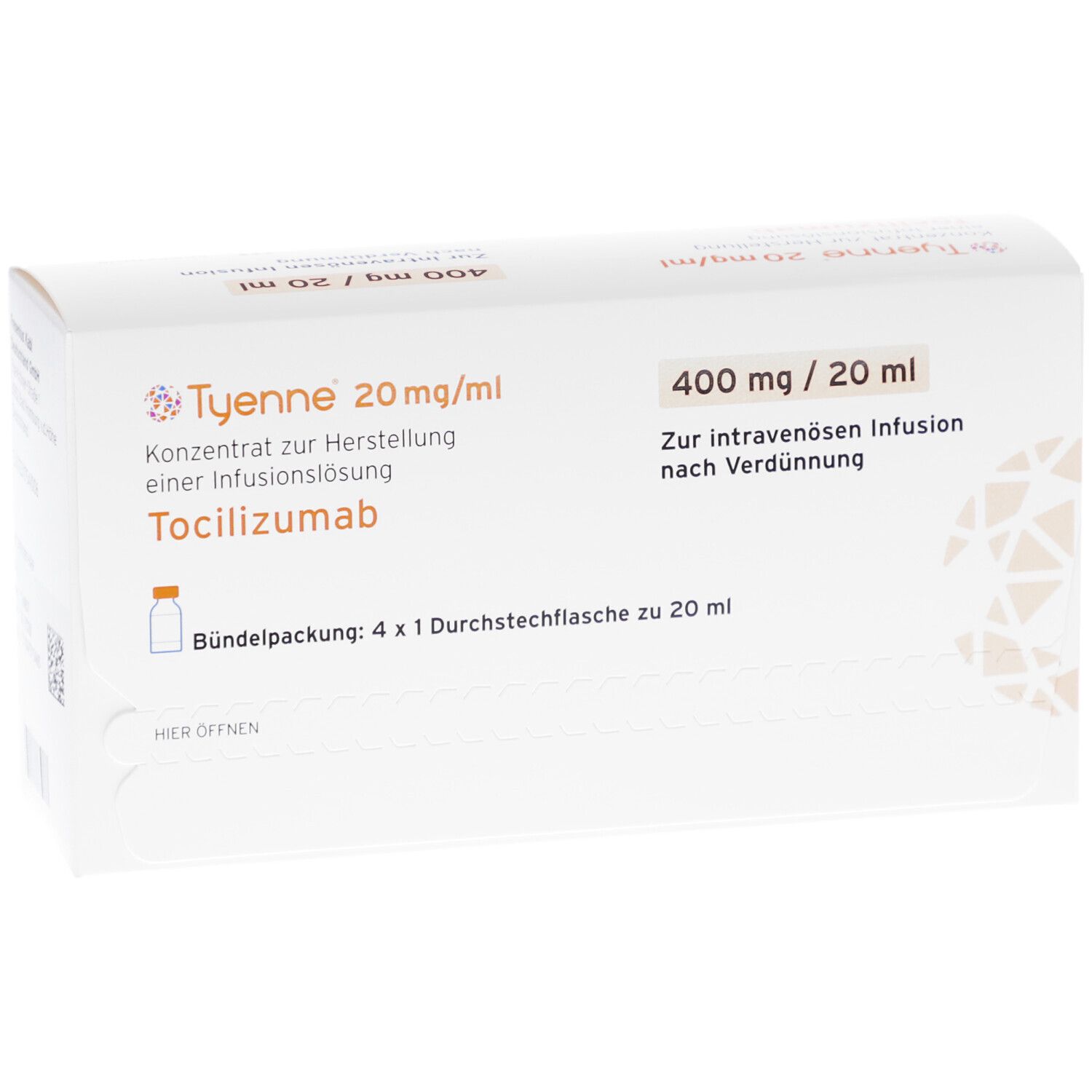Karton TYENNE 20 mg/ml, 400 mg/20 ml. Konzentrat zur Herstellung einer Infusionslösung. Bündelpackung mit 4 Durchstechflaschen.