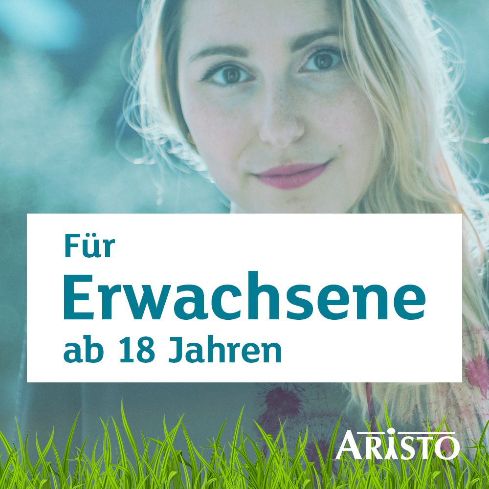 Text: Für Erwachsene ab 18 Jahren. Frau vor grünem Gras und blauem Hintergrund. Logo Aristo.