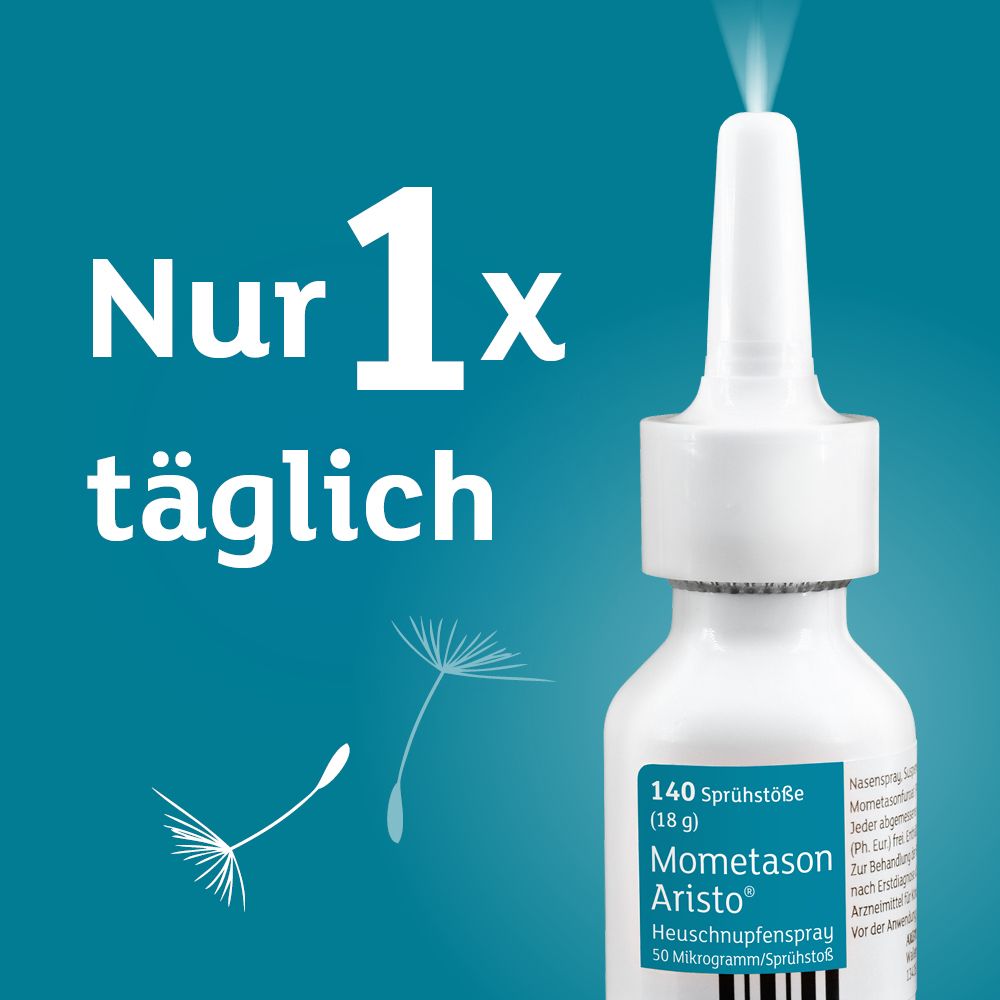 Nasenspray mit Sprühnebel. Text: Nur 1x täglich. Blauer Hintergrund.