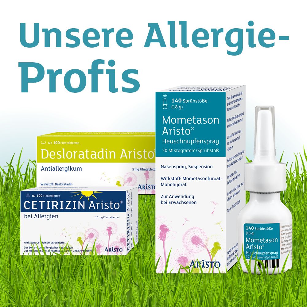 Verschiedene Allergie-Produkte auf grünem Gras. Text: Unsere Allergie-Profis. Verpackungen und Nasenspray.