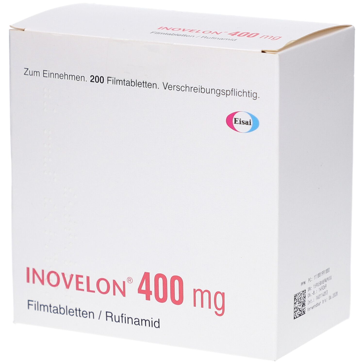 Weiße Arzneimittelverpackung. INOVELON 400 mg Filmtabletten. Aufdruck: Zum Einnehmen, 200 Filmtabletten. Verschreibungspflichtig.