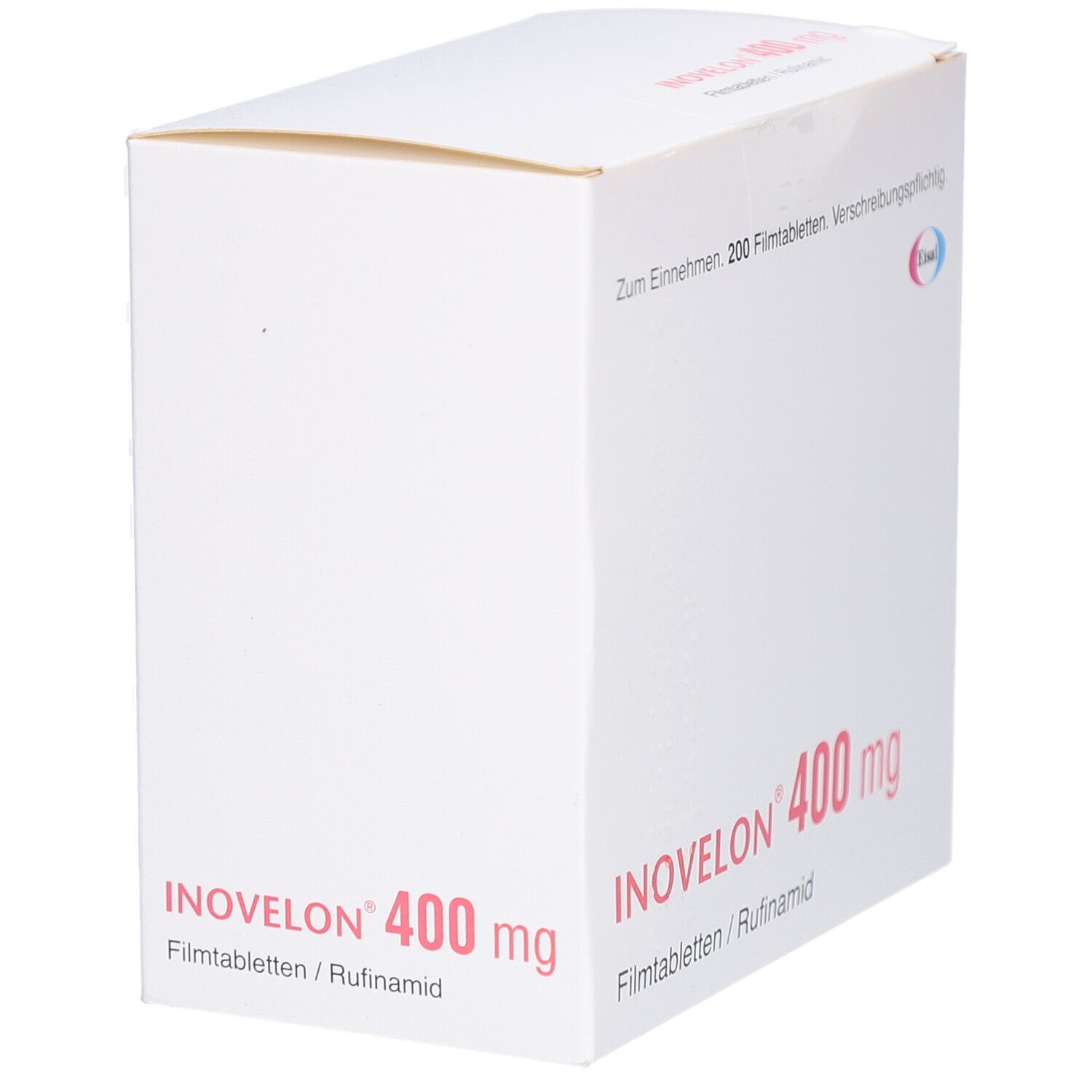 Weiße Arzneimittelverpackung. INOVELON 400 mg Filmtabletten. Aufdruck: Zum Einnehmen, 200 Filmtabletten. Verschreibungspflichtig.
