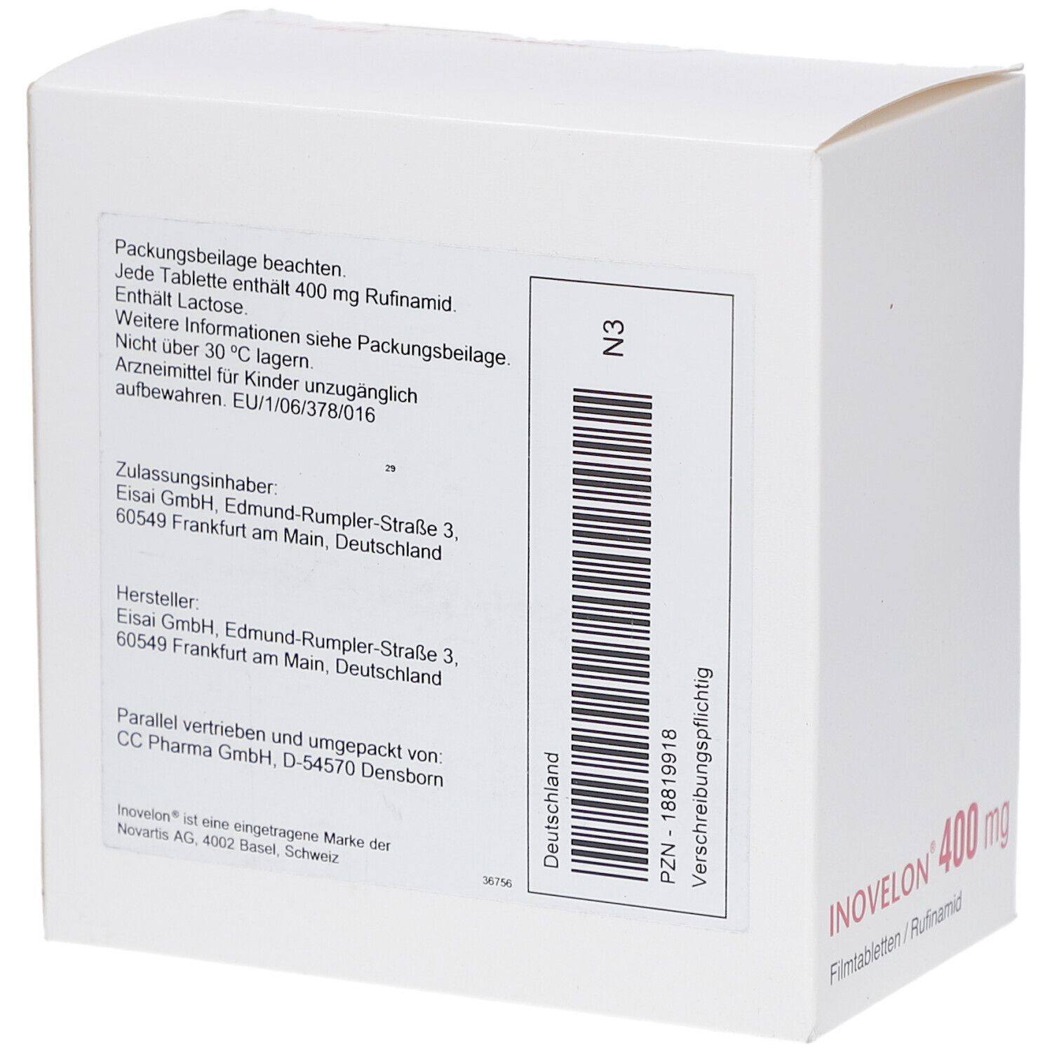 Weiße Arzneimittelverpackung. Rückseite mit Text. Enthält 400 mg Rufinamid. Hersteller: Eisai GmbH. PZN-18819918. Verschreibungspflichtig.