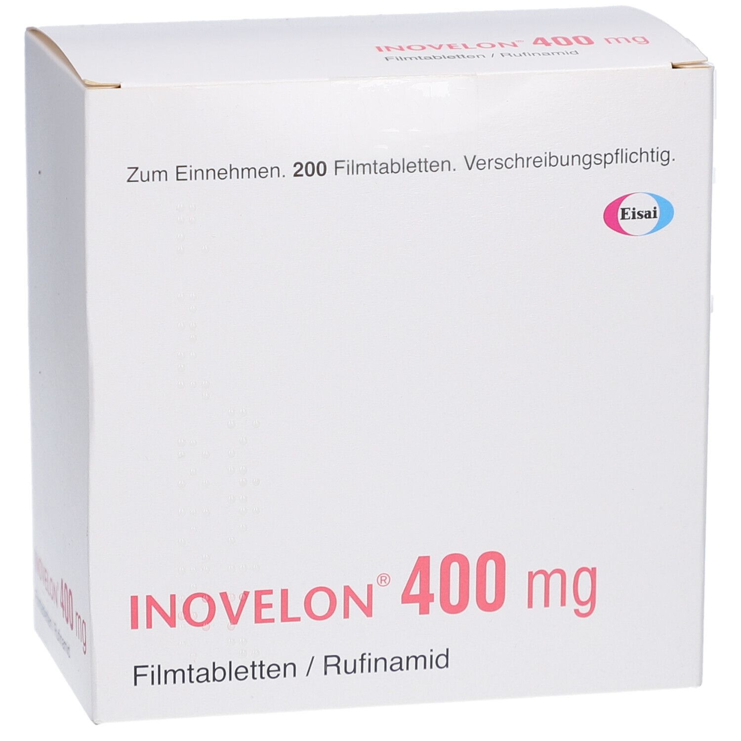 Weiße Arzneimittelverpackung. INOVELON 400 mg Filmtabletten. Aufdruck: Zum Einnehmen, 200 Filmtabletten. Verschreibungspflichtig.