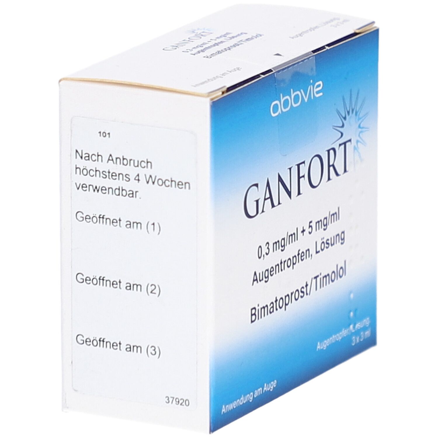 Karton von GANFORT Augentropfen. Weiße Verpackung mit Text. Enthält Informationen zur Anwendung und Haltbarkeit.