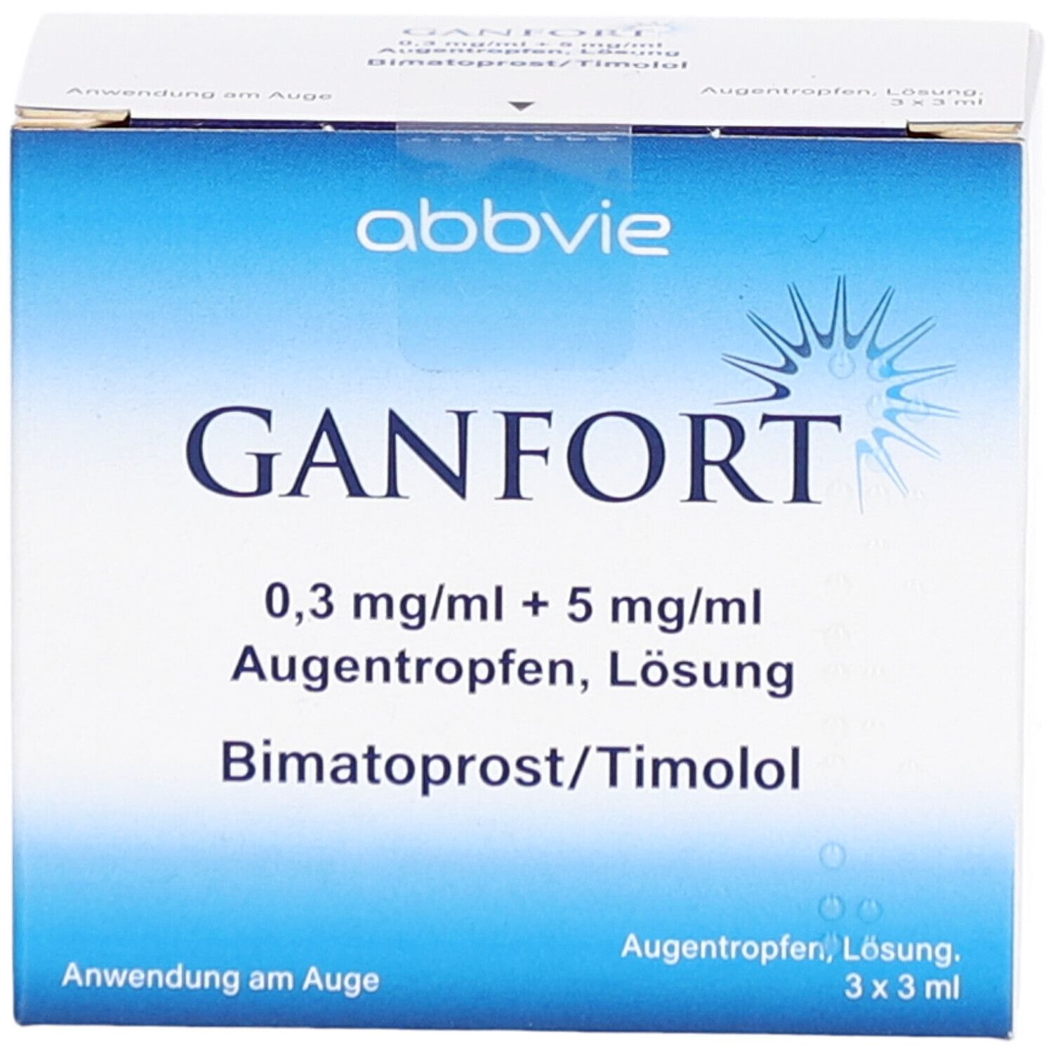 Vorderseite der GANFORT Augentropfen-Verpackung. Blaue und weiße Verpackung. Enthält Produktnamen und Dosierung.