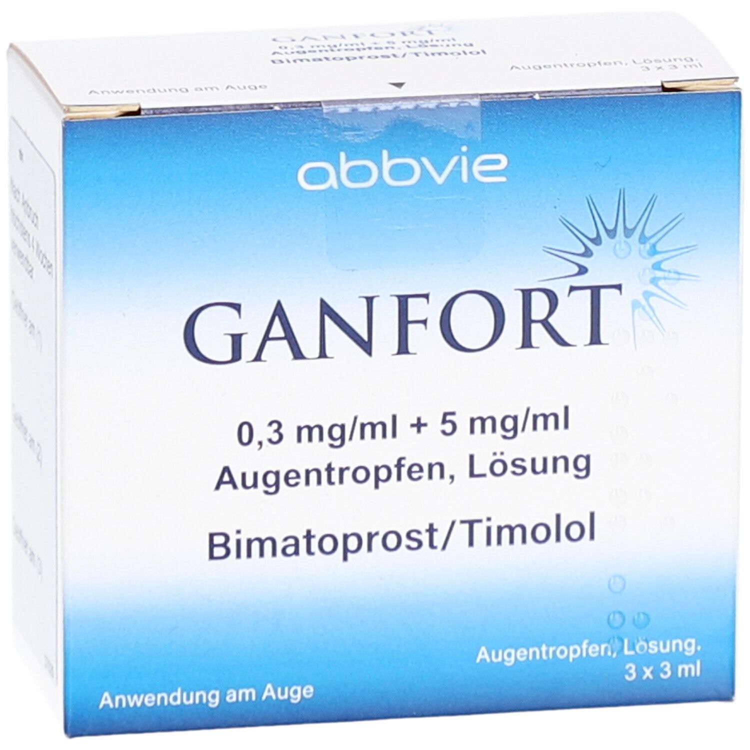 Vorderseite der GANFORT Augentropfen-Verpackung. Blaue und weiße Verpackung. Produktname und Dosierung sind sichtbar.