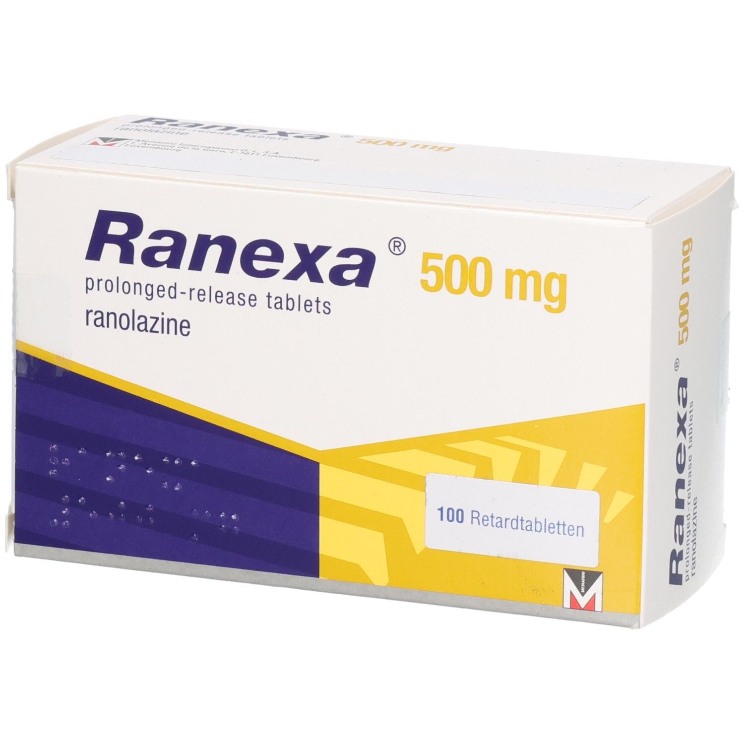 Ranexa 500 mg Retardtabletten Schachtel, Vorderseite mit gelb-blauen Designelementen und Text.